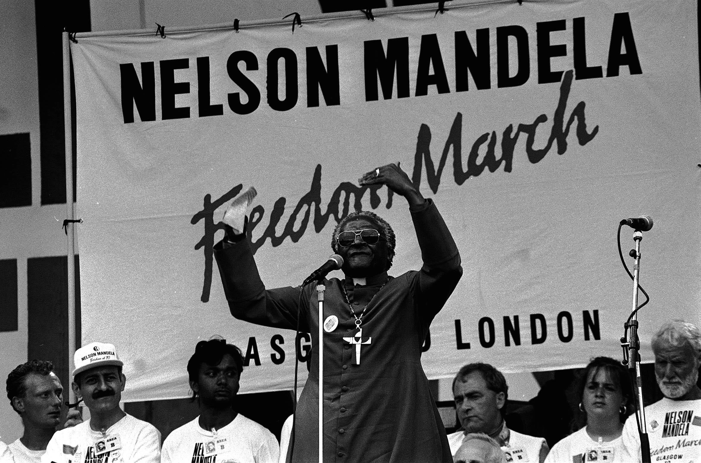 Tutu addressing the Nelson Mandela Freedom Rally in Hyde Park, London, in 1988 (PA)