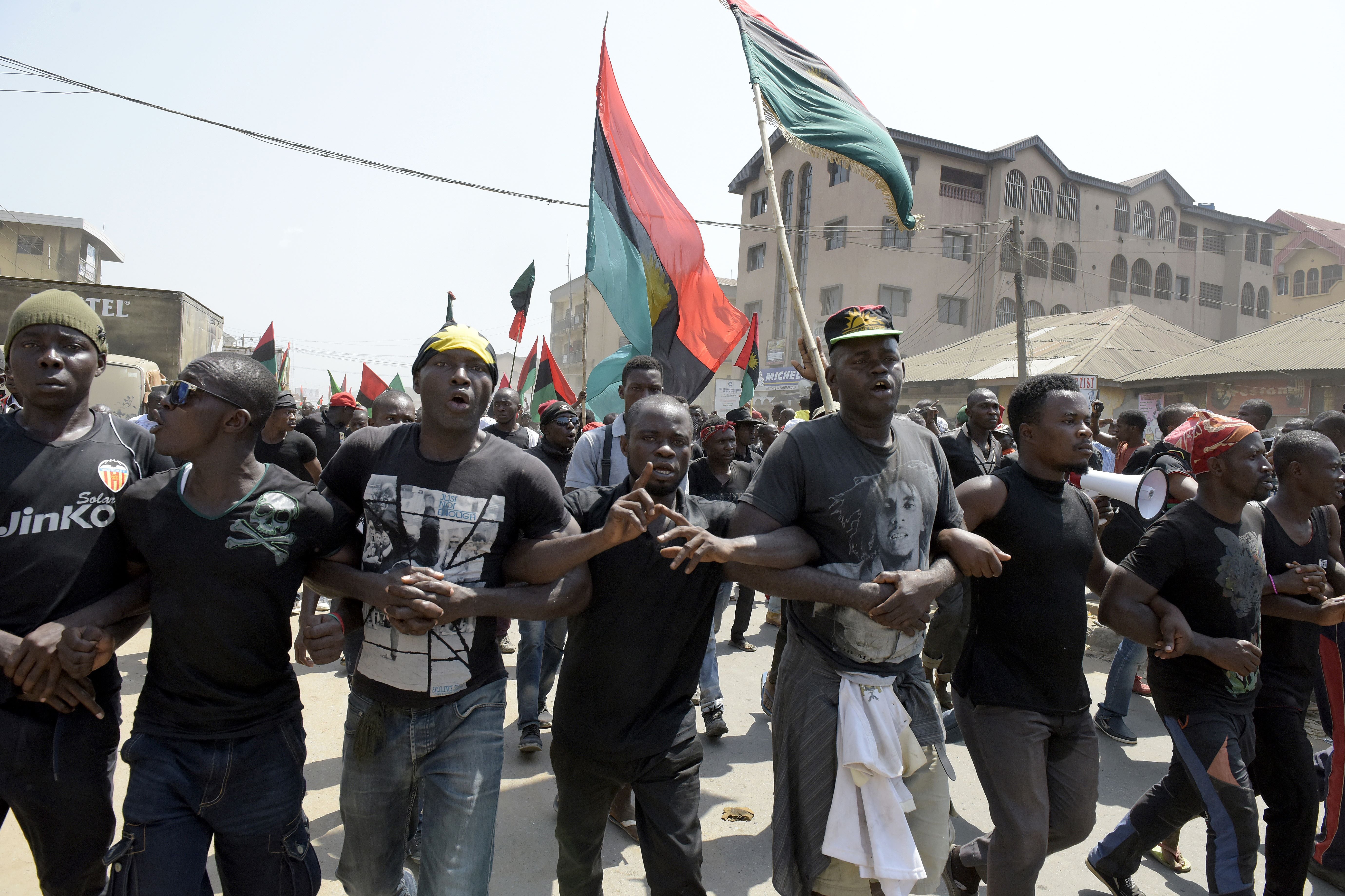 Pro-Biafra supporters march through Aba in southeastern Nigeria