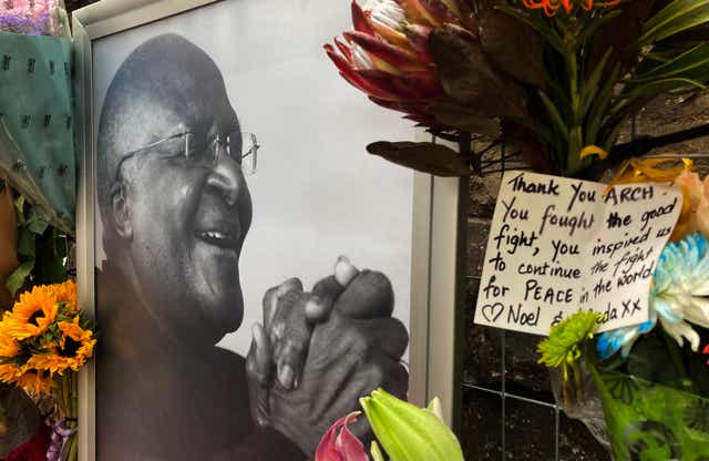 <p>Tributes to the late Archbishop Desmond Tutu at St George’s Cathedral in Cape Town</p>