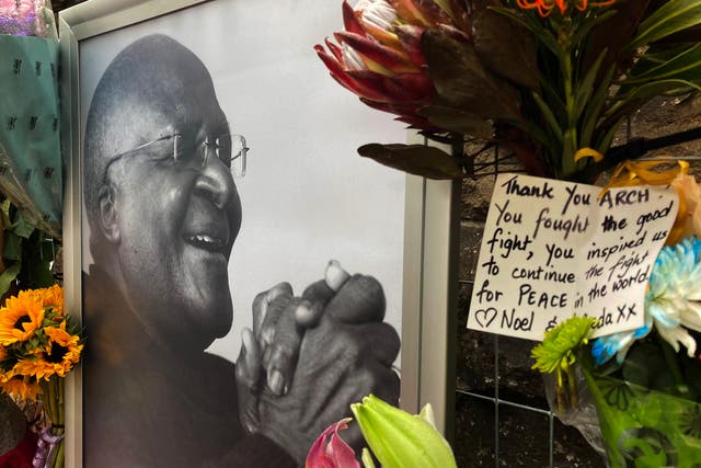 <p>Tributes to the late Archbishop Desmond Tutu at St George’s Cathedral in Cape Town</p>