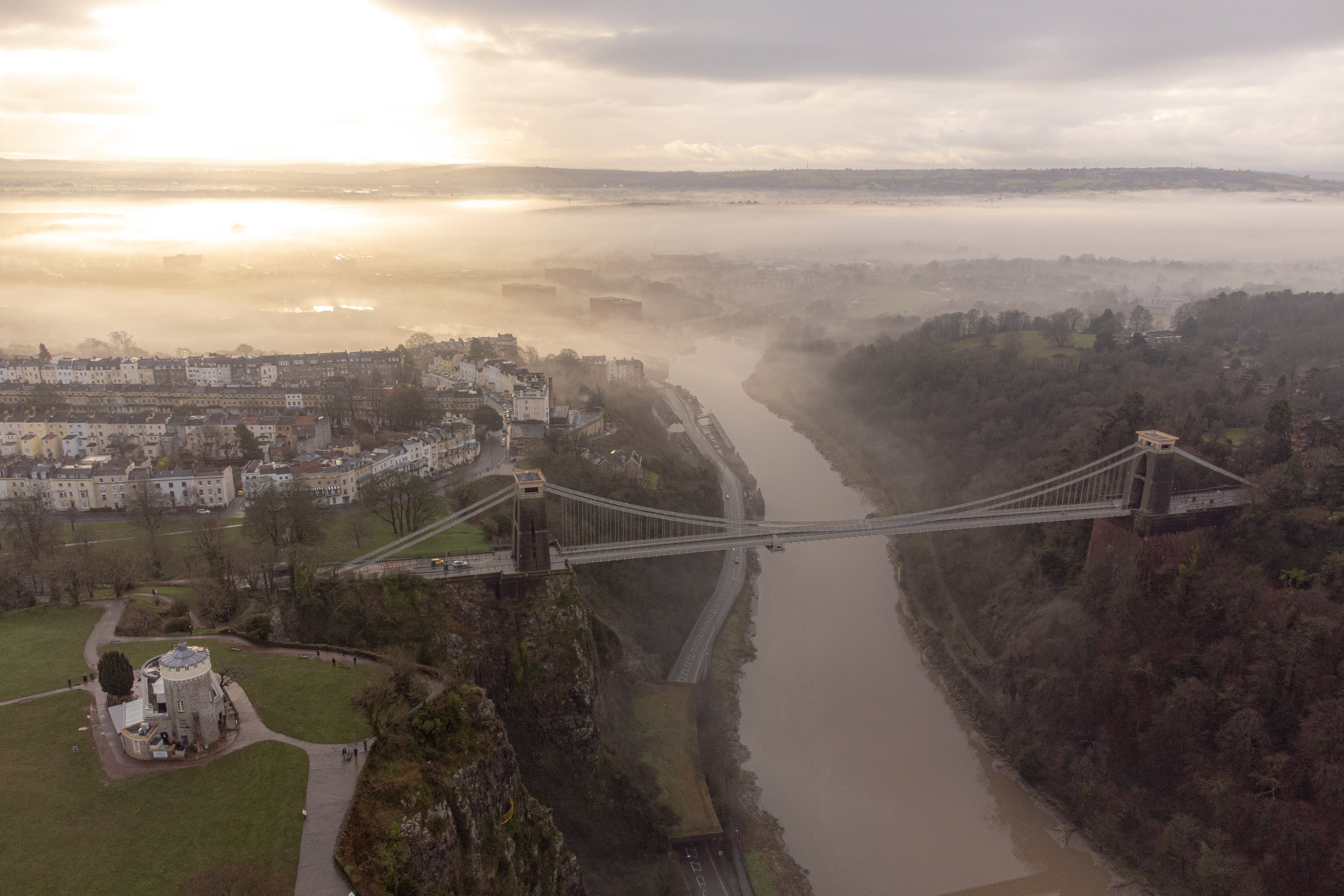 The Clifton Suspension Bridge sits unobscured as low mist rolls in over Bristol on Boxing Day morning