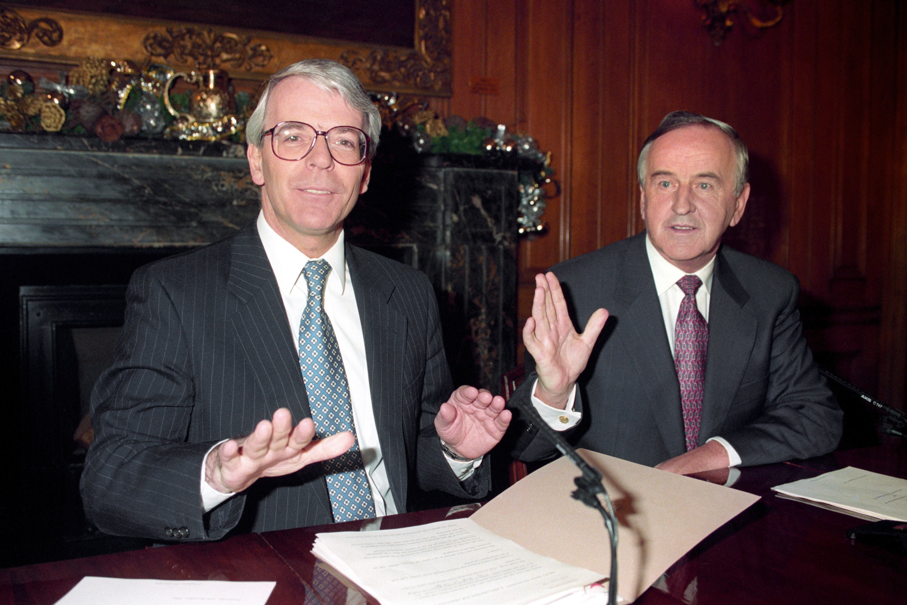 The then prime minister John Major (L) and the then taoiseach Albert Reynolds during a news conference in Downing Street