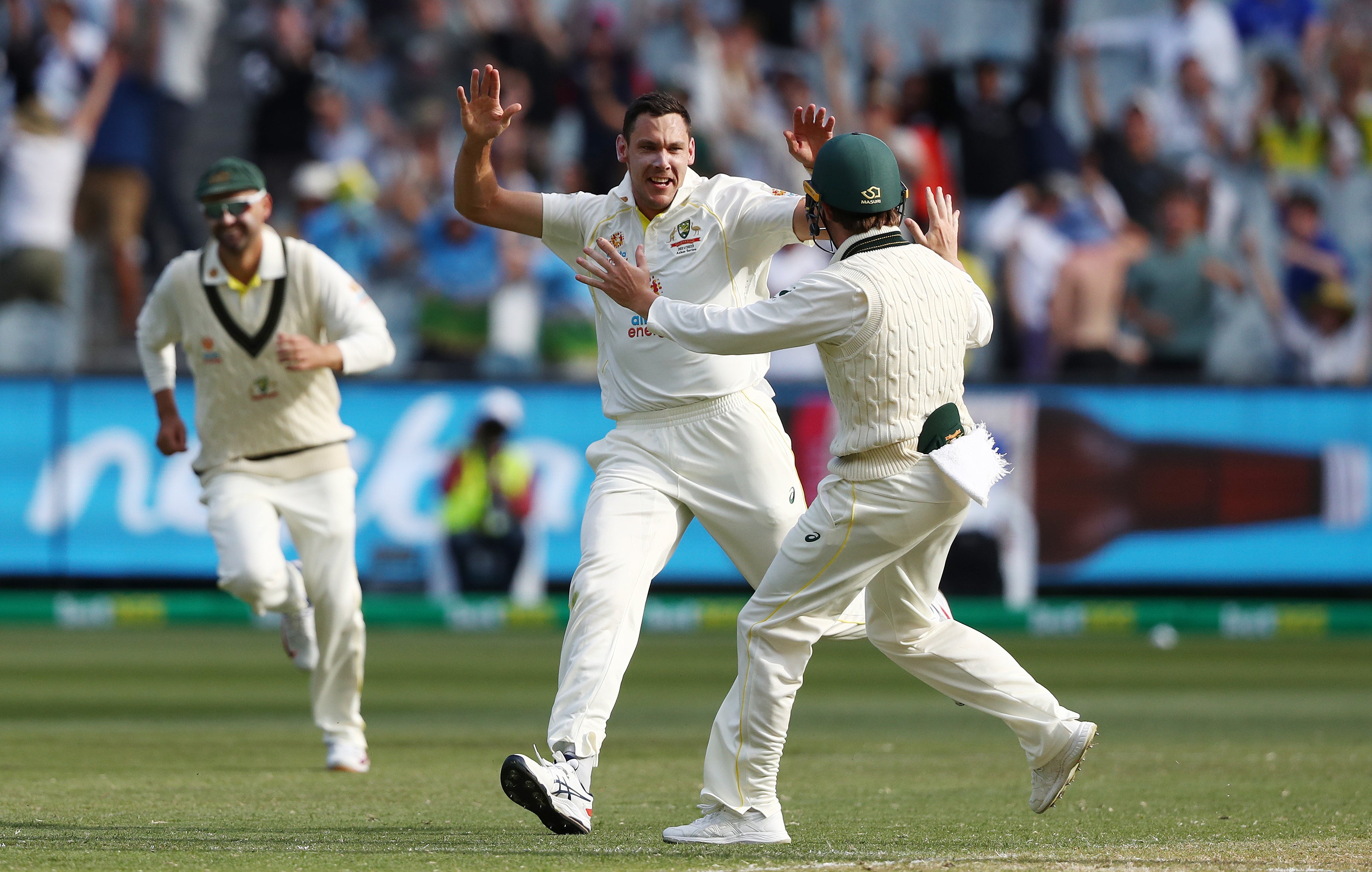 Australia’s Scott Boland celebrates the wicket of England’s Jack Leach during the third Test (Jason O’Brien/PA)