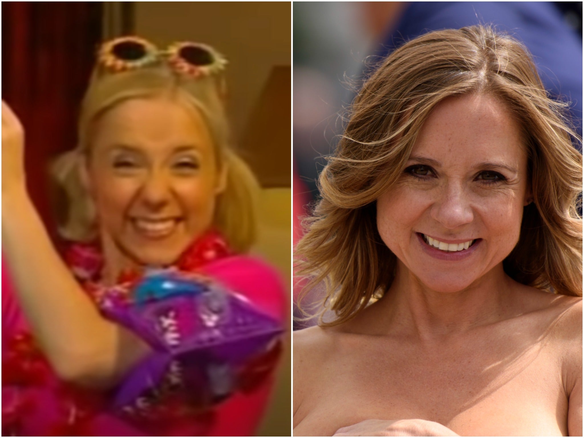 Honeywell on CBeebies (left) and posing again for Peta when pregnant in 2015