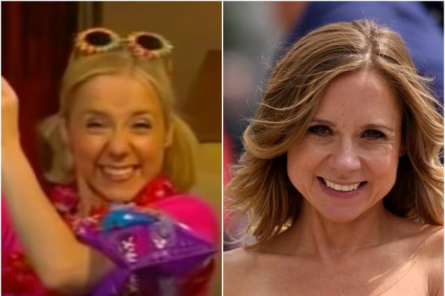 <p>Honeywell on CBeebies (left) and posing again for Peta when pregnant in 2015</p>
