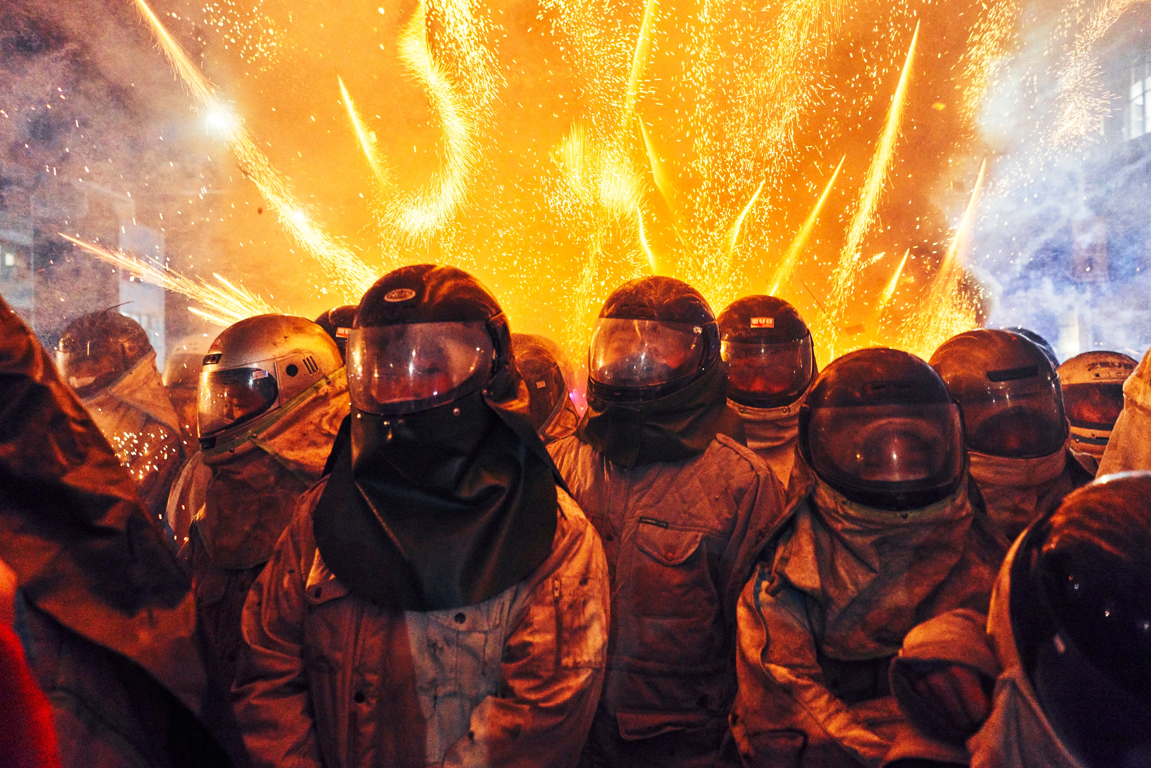 Participants wear protective clothing at the Yanshui Beehive Fireworks Festival, dubbed the most dangerous display in the world