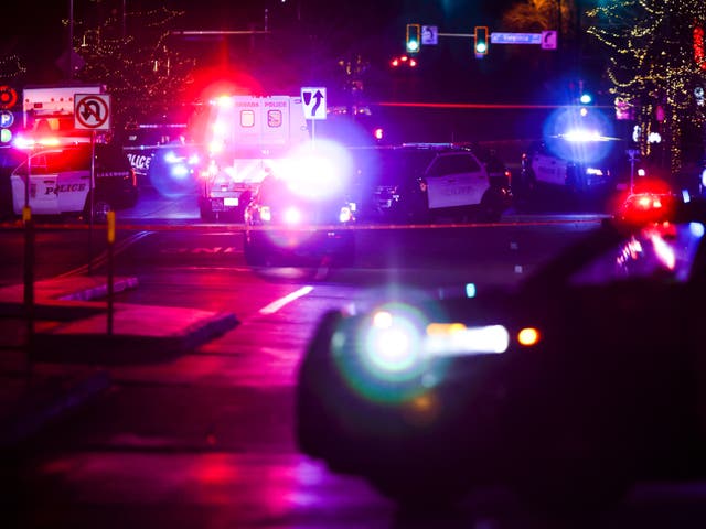 <p>Police cars outside the Belmar shopping centre in Colorado, Denver </p>