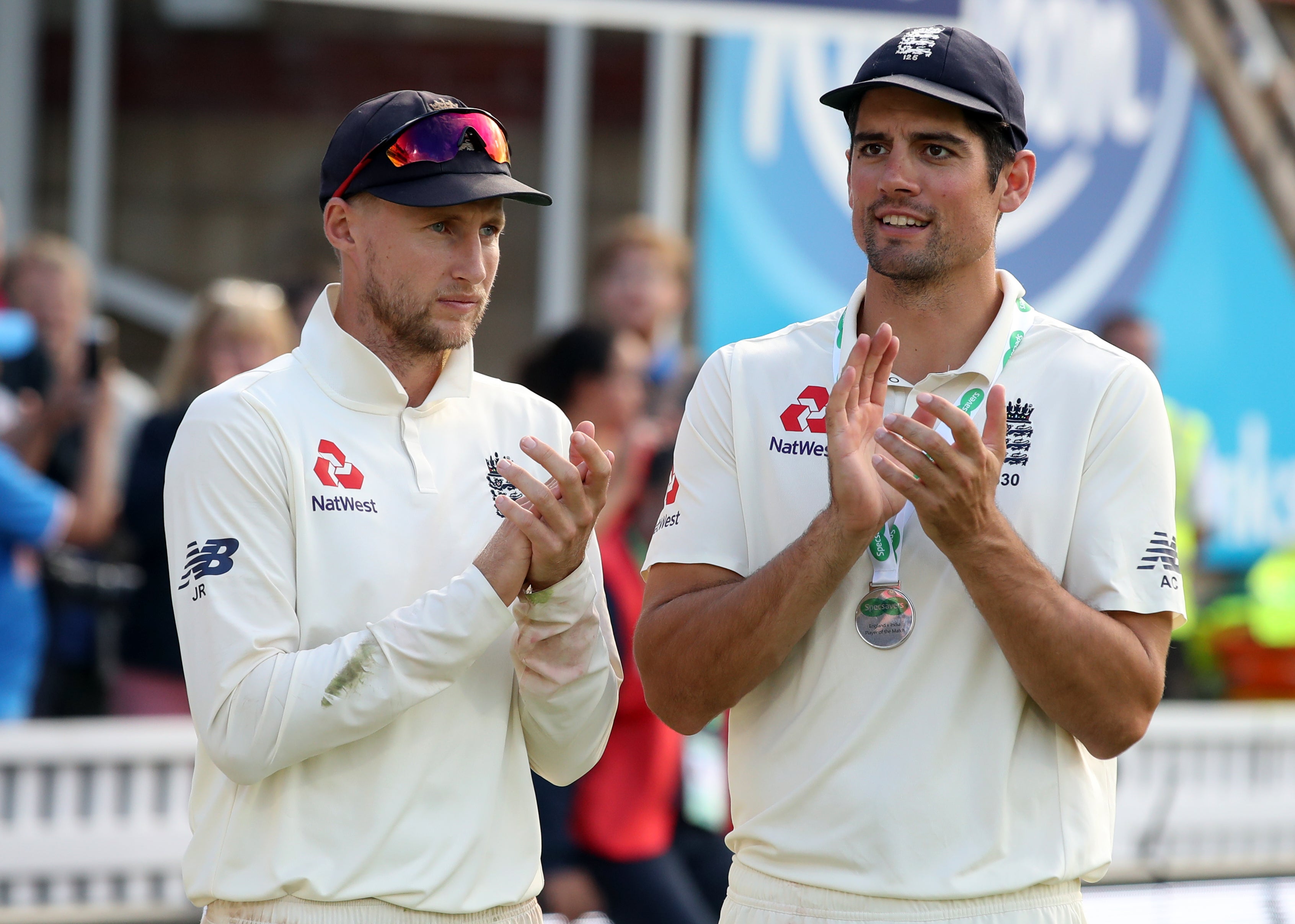 Joe Root, left, has matched Sir Alastair Cook’s record of 59 Tests as England captain (Adam Davy/PA)