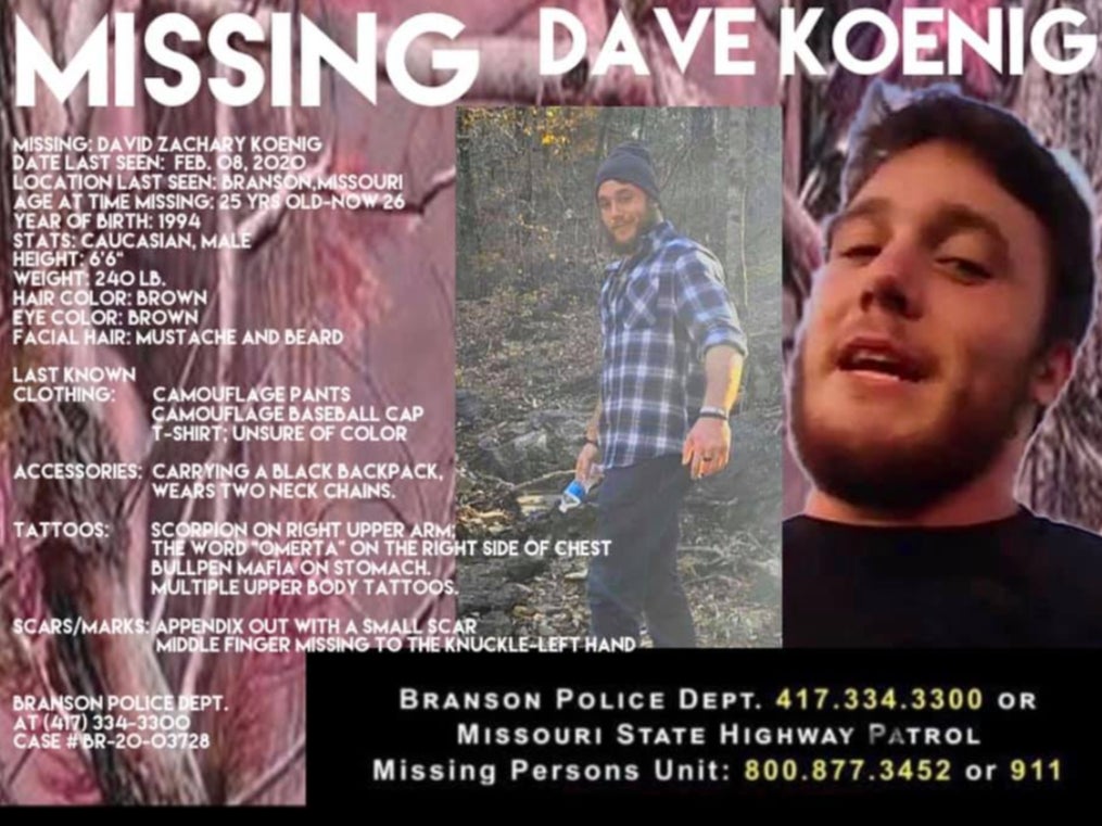 <p>A missing flyer for David Koenig, an MMA fighter who went missing in 2020. His remains were found by a man walking through the woods looking for deer antlers in Missouri.</p>