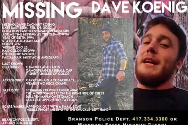 <p>A missing flyer for David Koenig, an MMA fighter who went missing in 2020. His remains were found by a man walking through the woods looking for deer antlers in Missouri.</p>