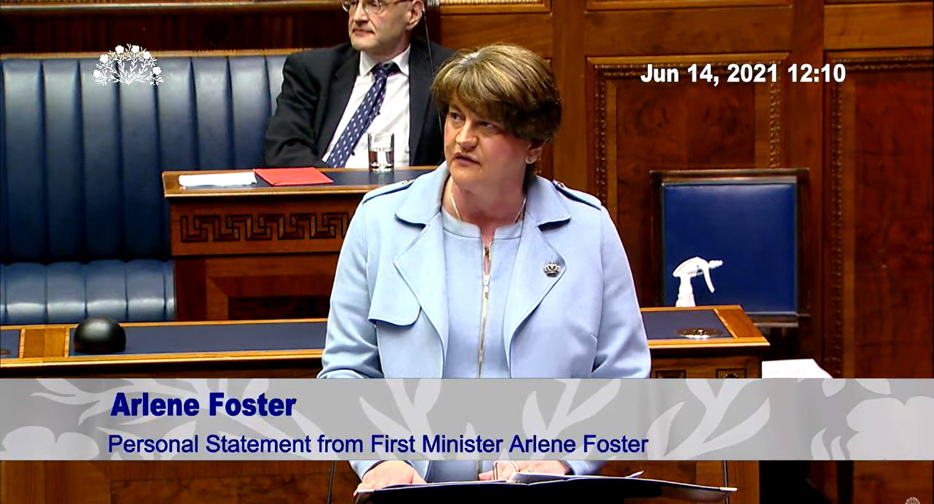 Screengrab taken from the Northern Ireland Assembly of Arlene Foster formally announcing her resignation as First Minister (PA)