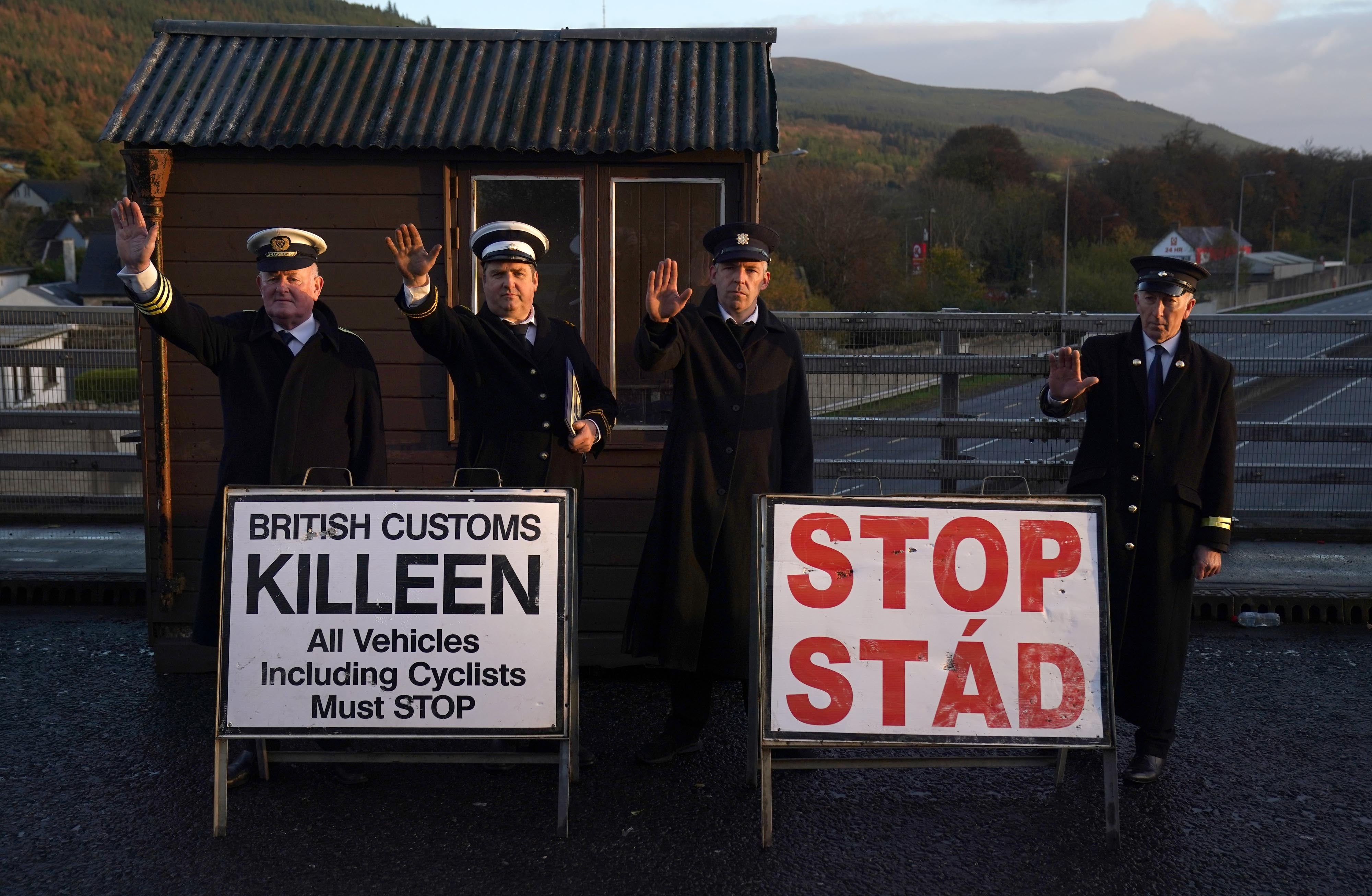 Protesters from Border Communities Against Brexit set up a mock customs post during a demonstration in November at Flurrybridge in Carrickcarnon calling on the Government not to trigger Article 16 (Brian Lawless/PA)