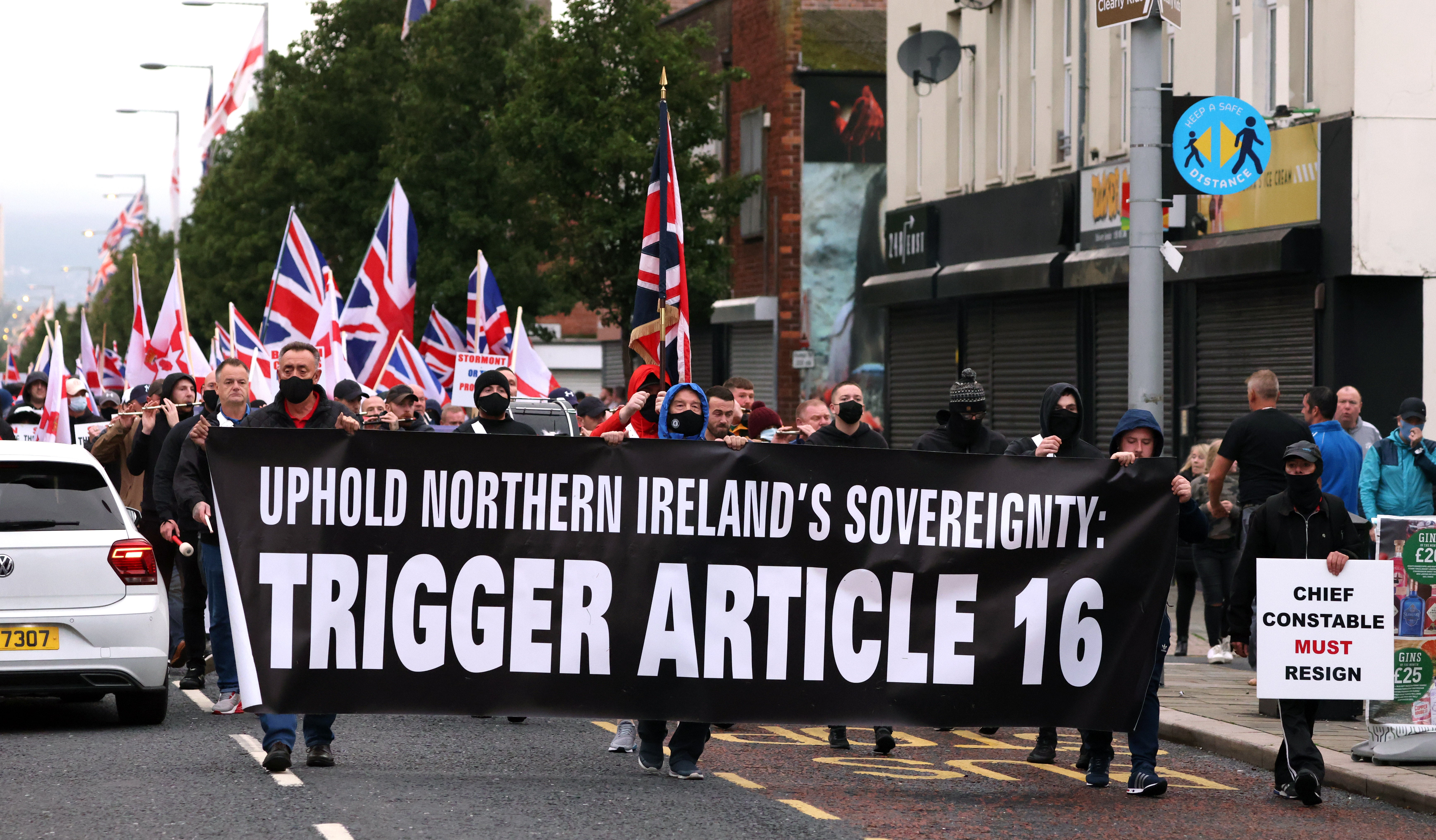 Hundreds join a loyalist rally against the Northern Ireland Protocol in Newtownards Road, Belfast in September (Peter Morrison/PA)