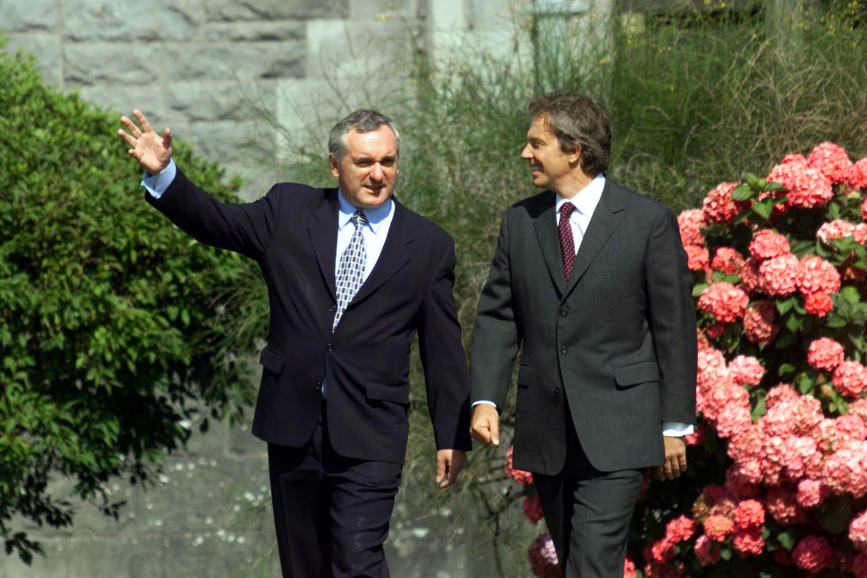 Tony Blair with Irish prime minister Bertie Ahern after having talks at Ashford Castle, Co Mayo, in 1998 (Chris Bacon/PA)