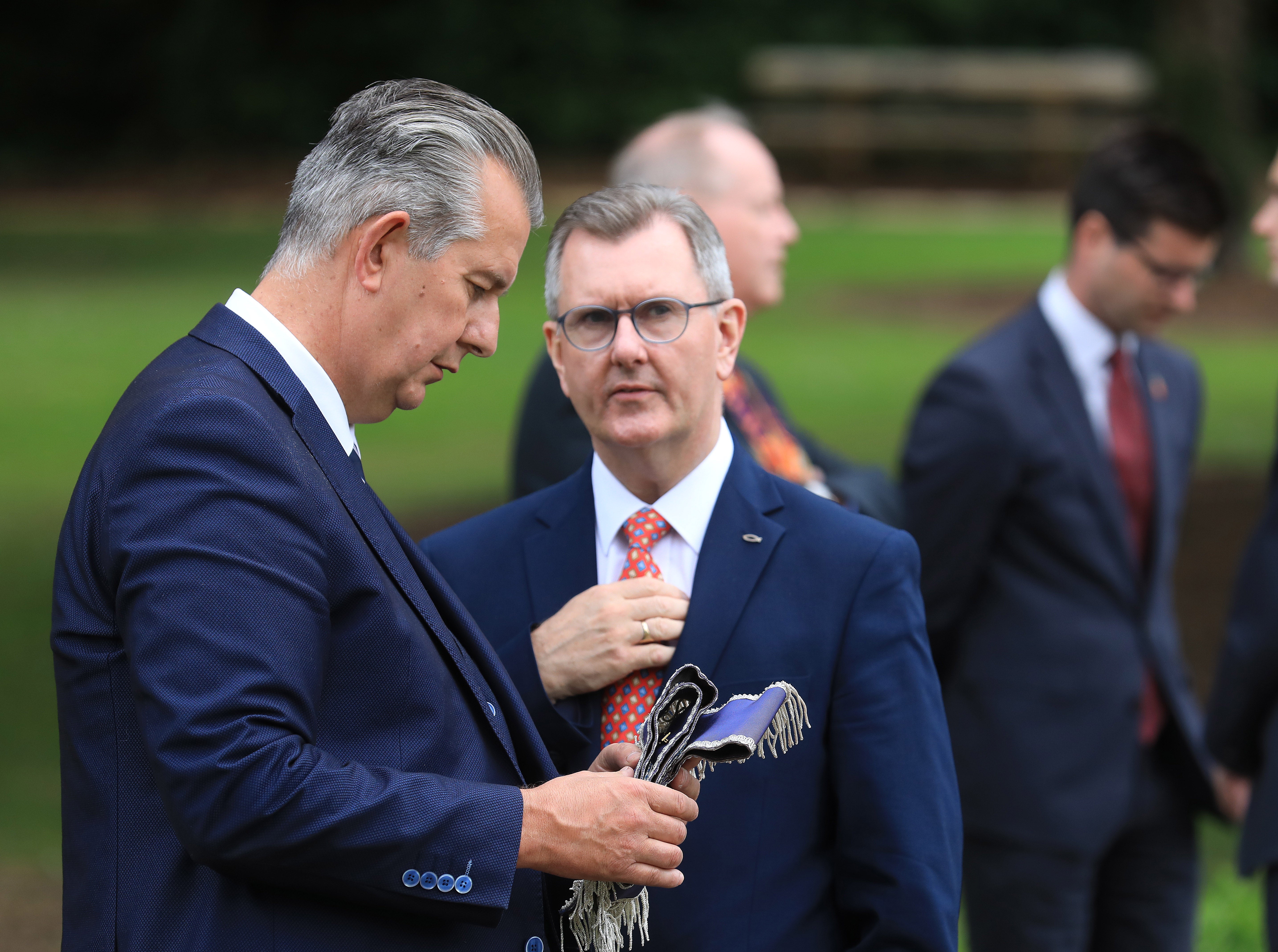 Edwin Poots (left) with newly elected DUP leader Sir Jeffrey Donaldson during a Battle of the Somme commemoration at Stormont in July (Peter Morrison/PA)