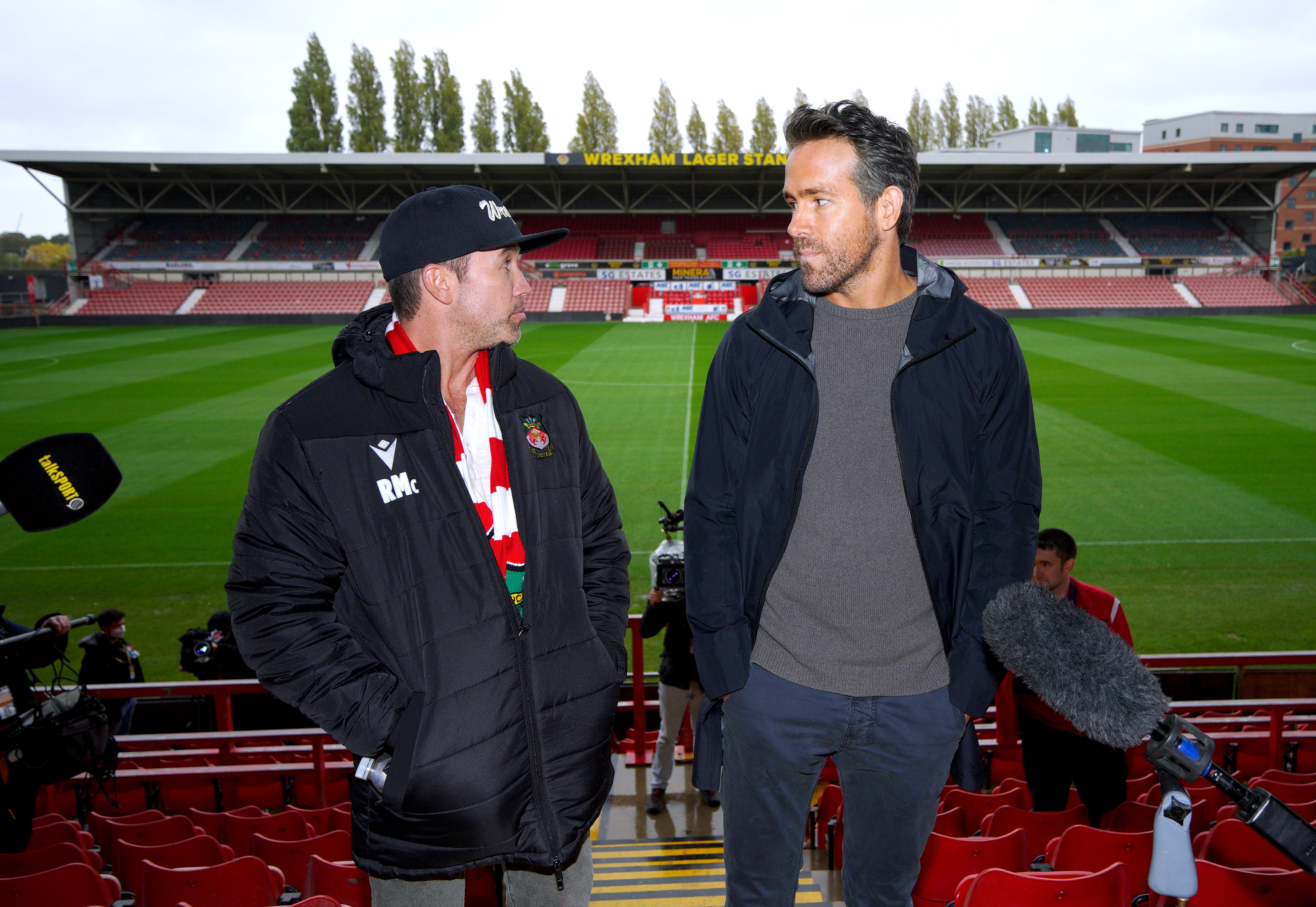 Wrexham owners Rob McElhenney and Ryan Reynolds during a press conference at the Racecourse Ground (Peter Byrne/PA)