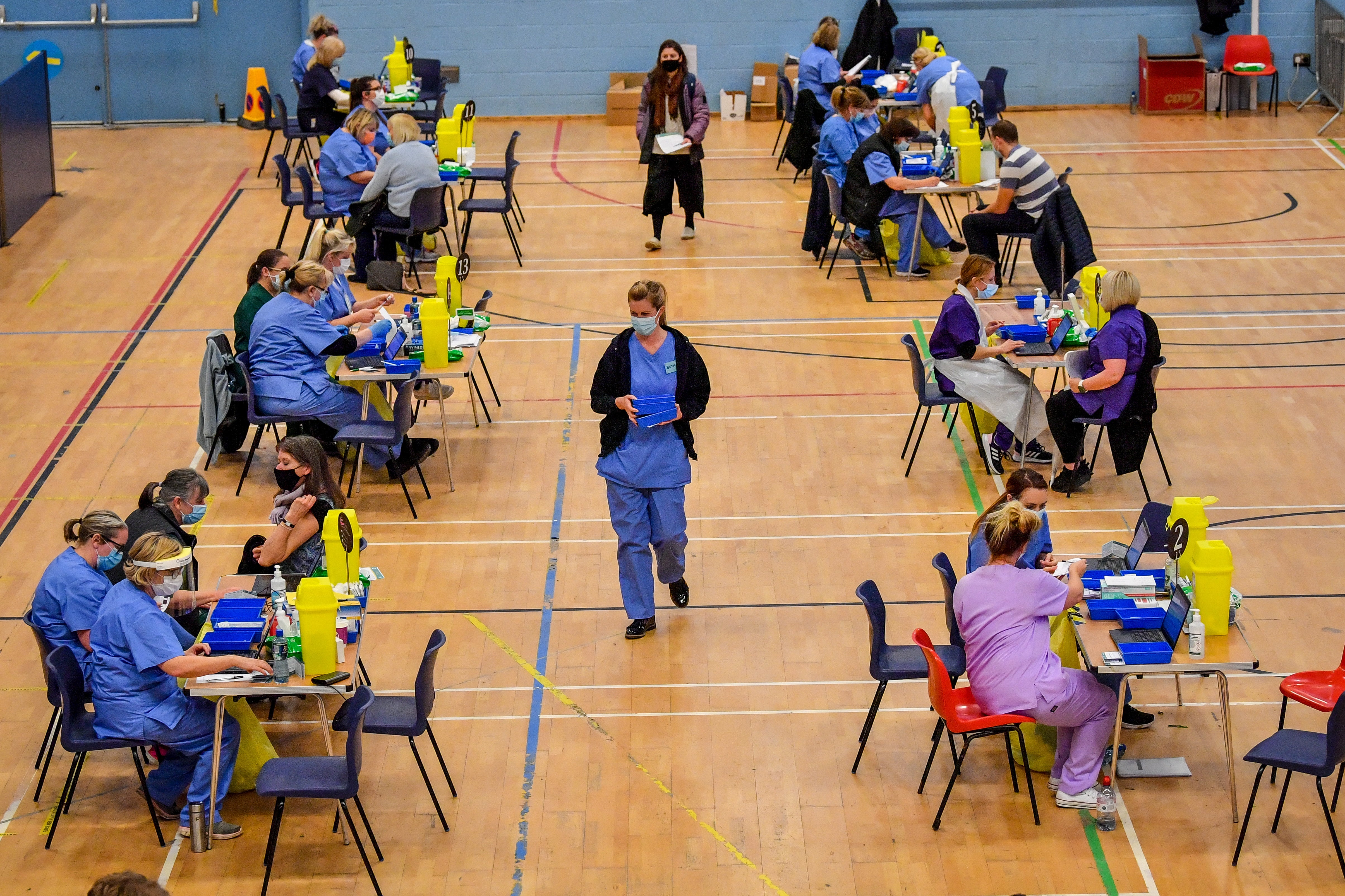 Vaccine stations are set up at Cwmbran Stadium (Ben Birchall/PA)
