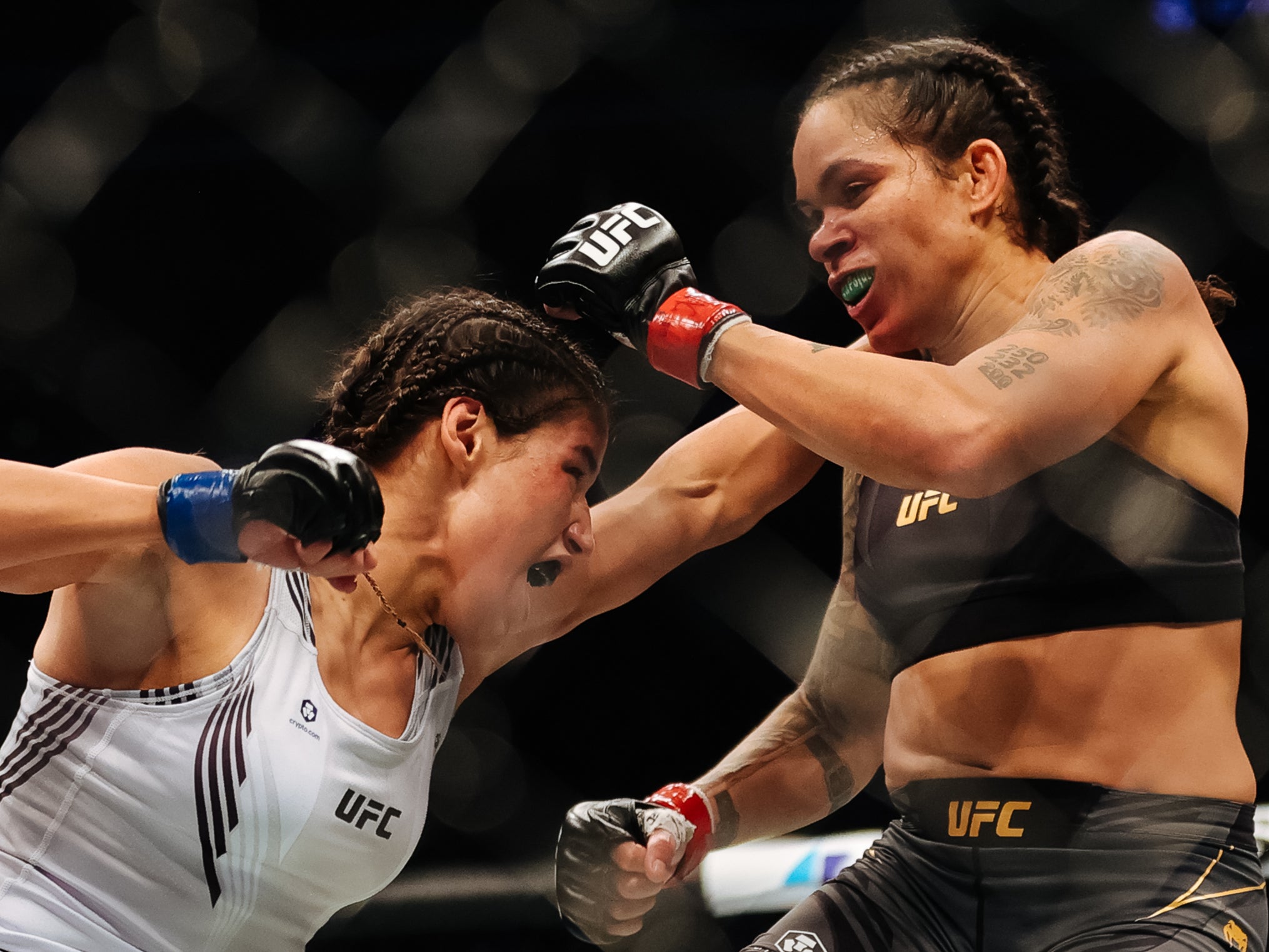 <p>Amanda Nunes (right) and Julianna Pena were set to round out their trilogy, but the latter broke her ribs </p>