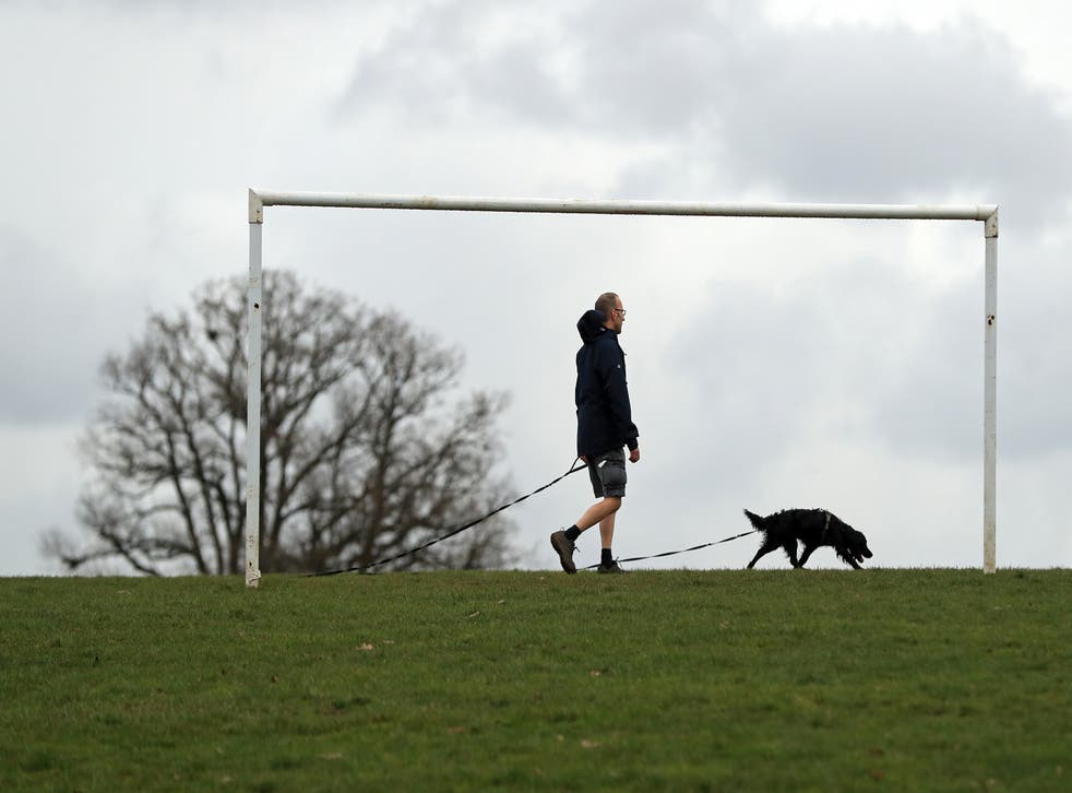 A man enjoys the mild weather as he walks his dog in Stoke Park, Guildford (Adam Davy/PA)