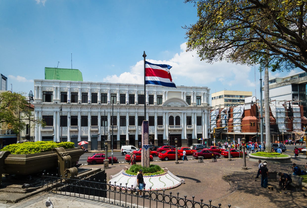 San José’s town square and Costa Rica flag