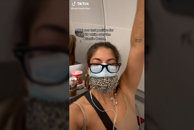 <p>Marisa Fotieo’s TikTok video of her plane bathroom quarantine</p>