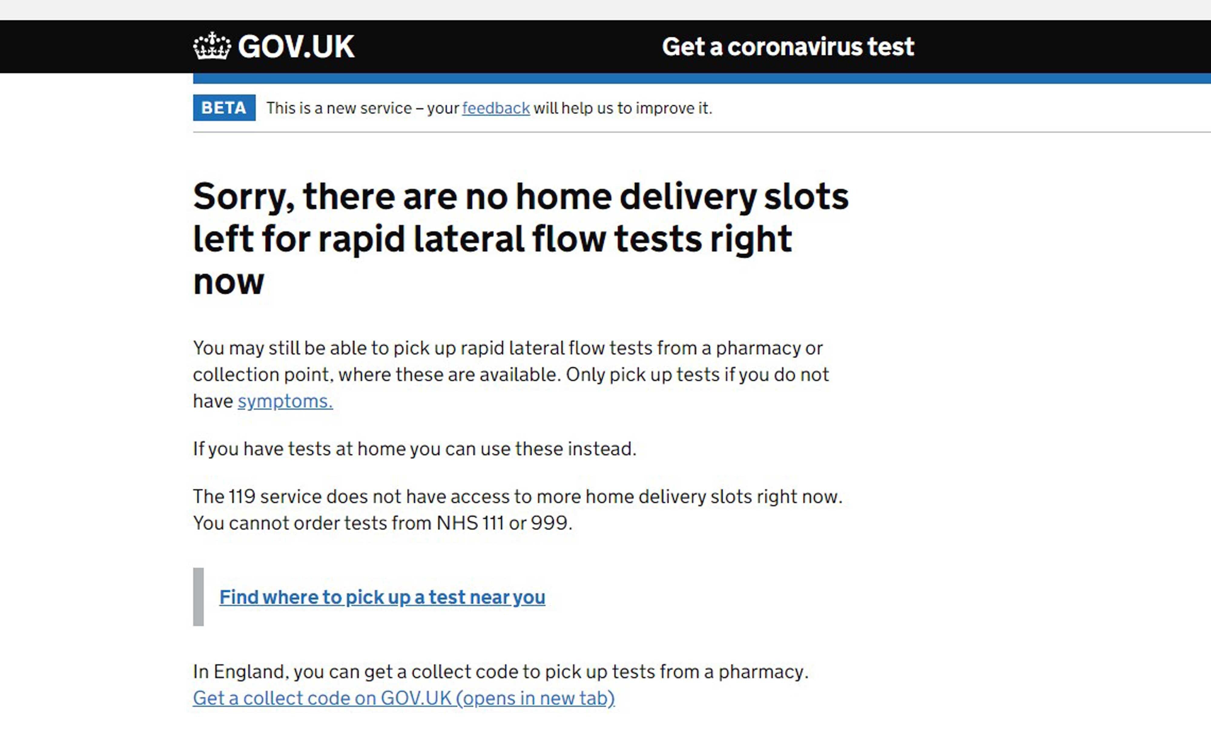 The UK Government website shows there are no home delivery slots for lateral flow tests available (PA)