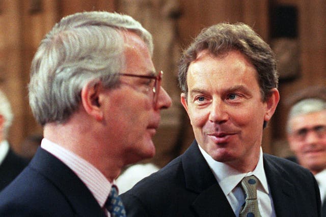 <p>Tony Blair with former prime minister John Major in May 1997 </p>