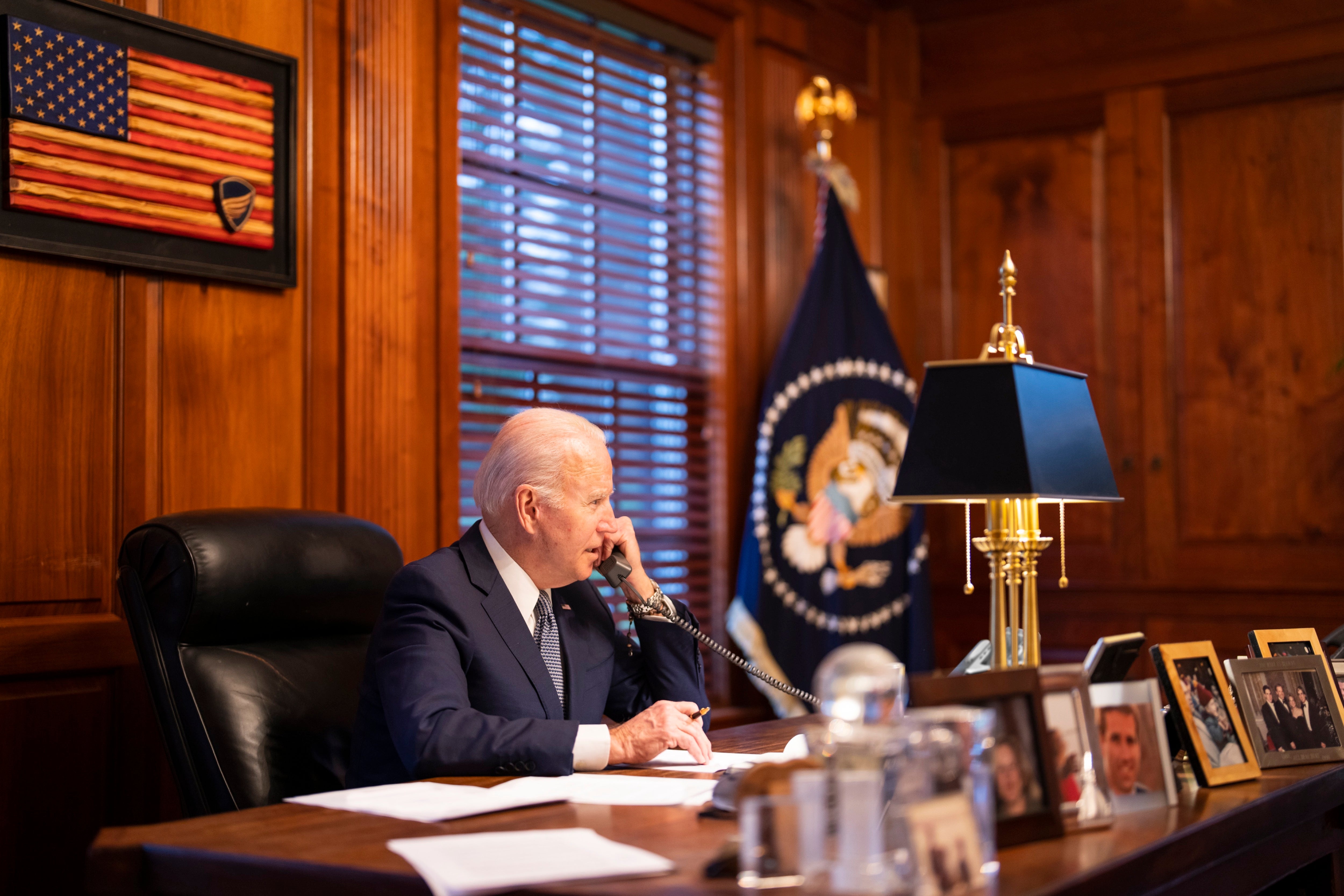 Joe Biden during a phone call with Vladimir Putin