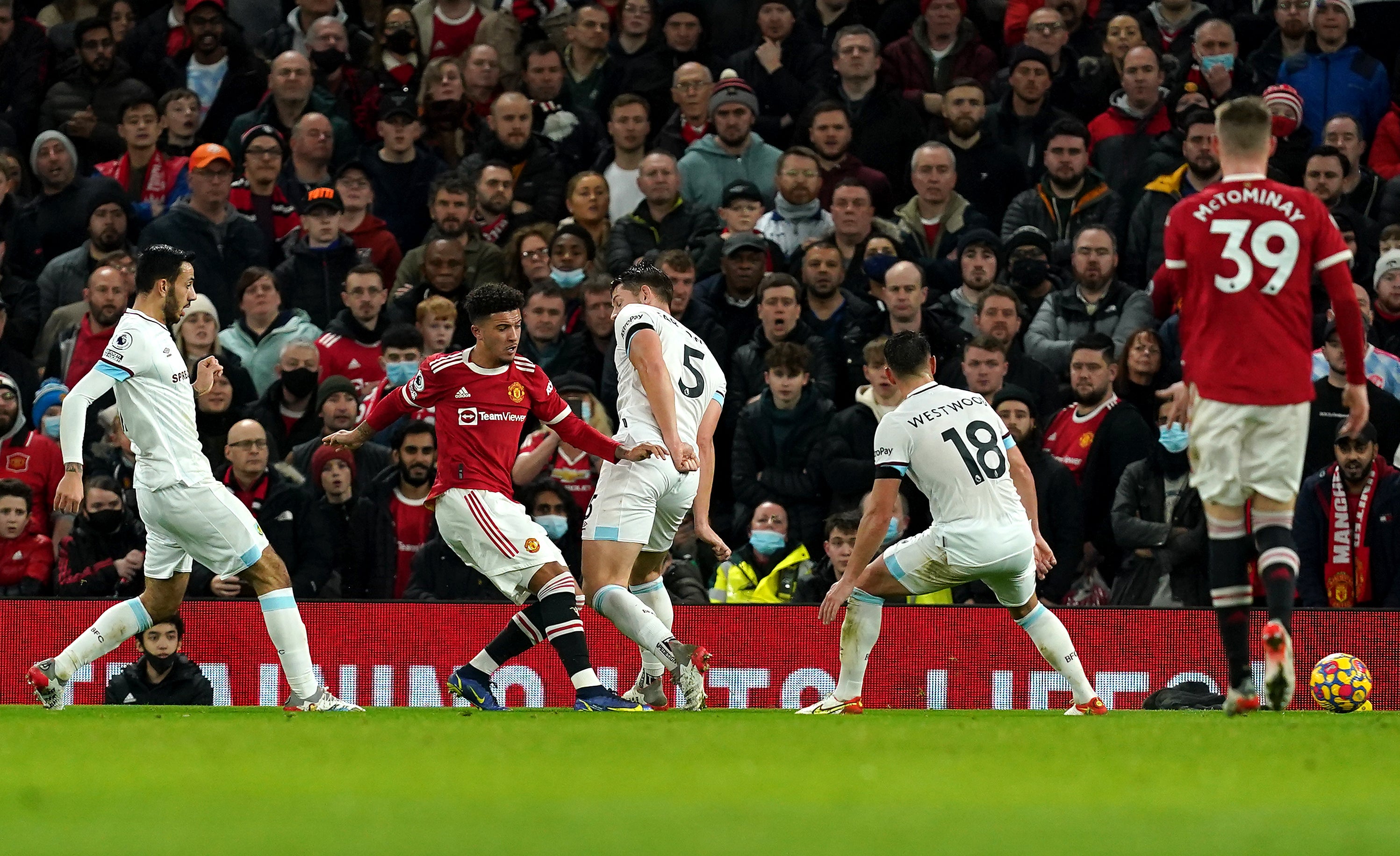 Jadon Sancho’s shot defelcted in off Burnley’s Ben Mee for United’s second goal (Martin Rickett/PA)