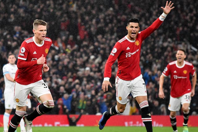<p>Scott McTominay, left, and Cristiano Ronaldo after scoring at Old Trafford on Thursday night</p>