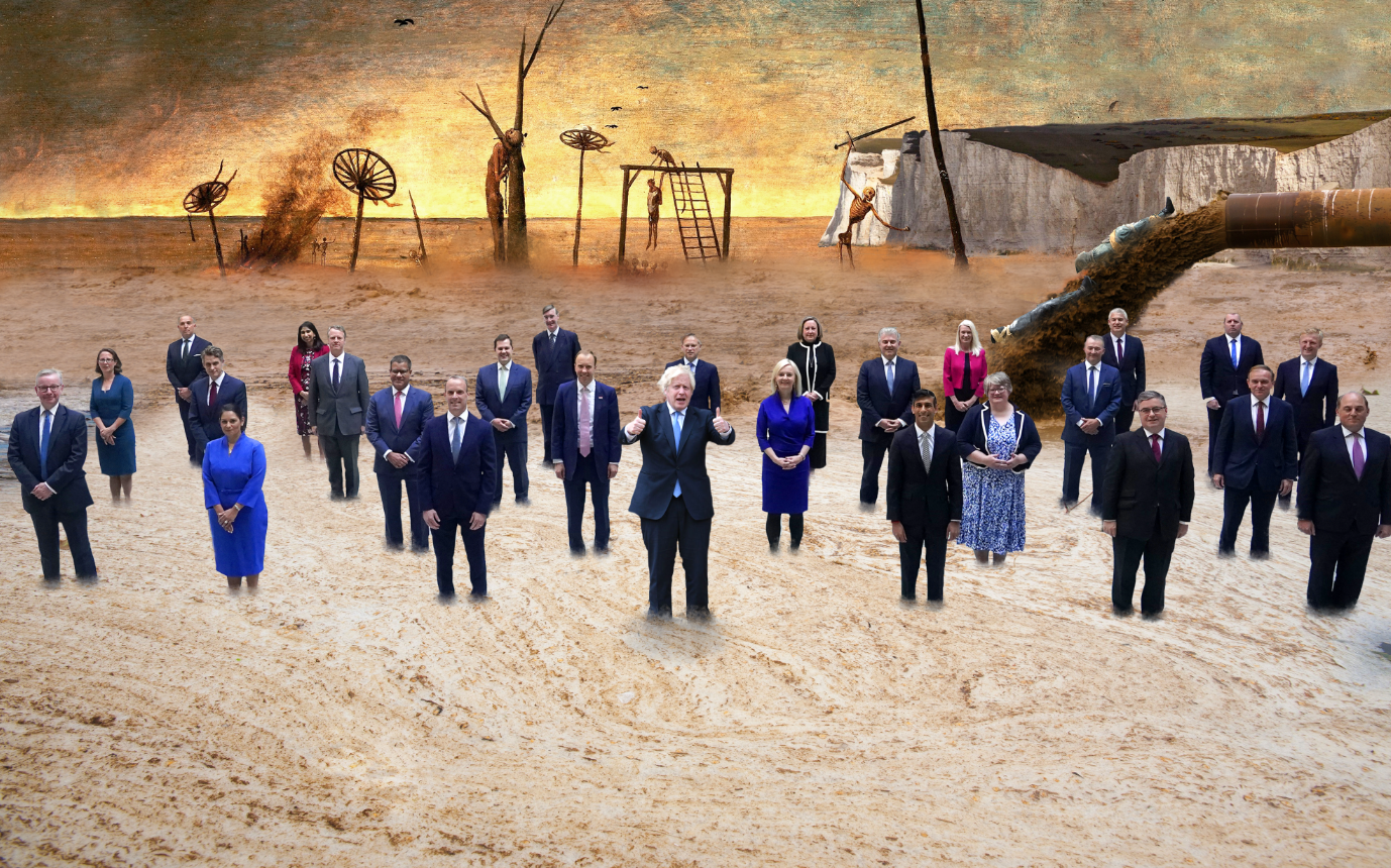 Mr Spencer depicted Boris Johnson, Rishi Sunak, and other conservative MPs stood in sewage during the Cop26 climate summit (Cold War Steve)