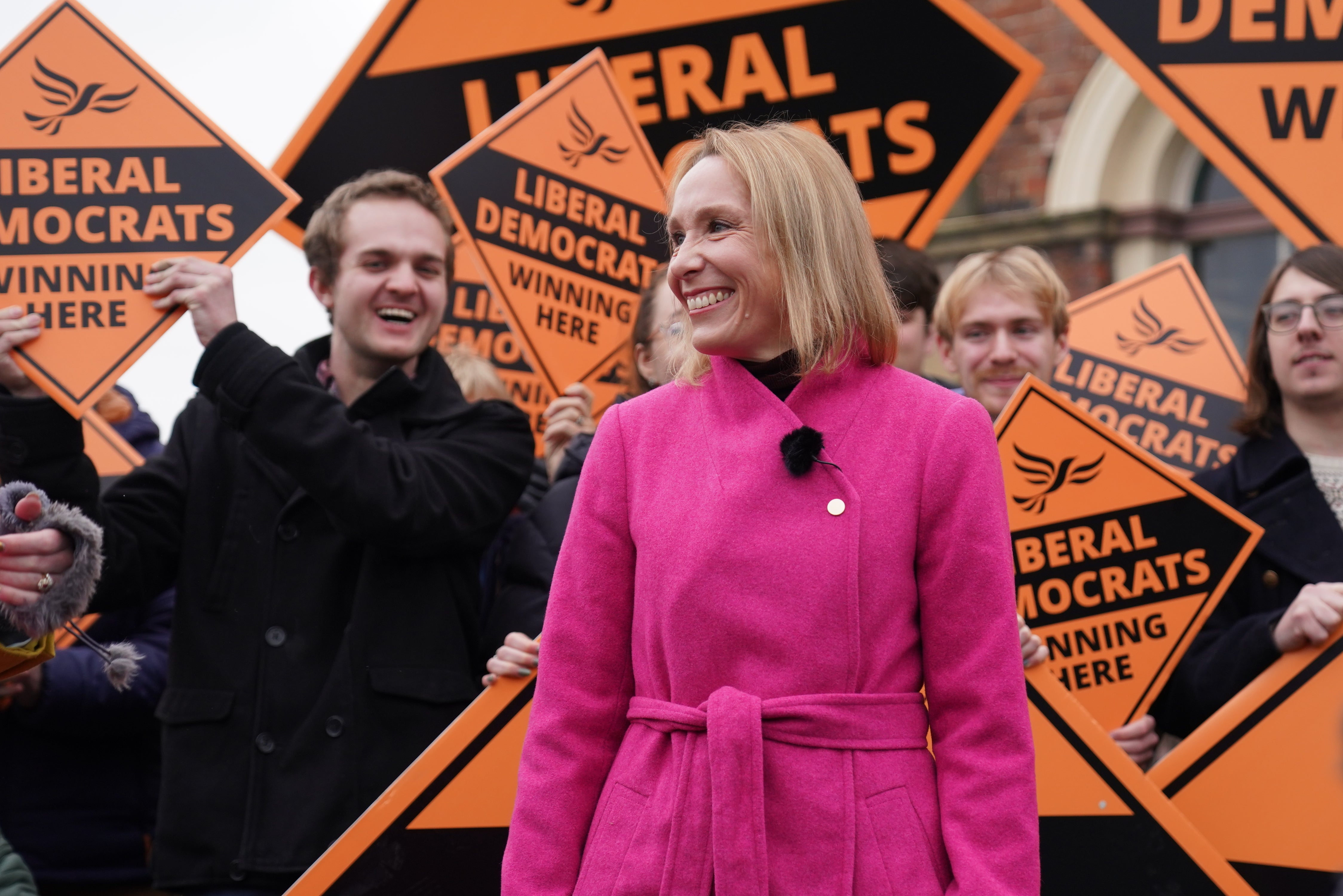 Newly elected Lib Dem MP Helen Morgan in Oswestry, Shropshire, following her stunning victory in the North Shropshire by-election in a previously ultra-safe Tory stronghold (Jacob King/PA)