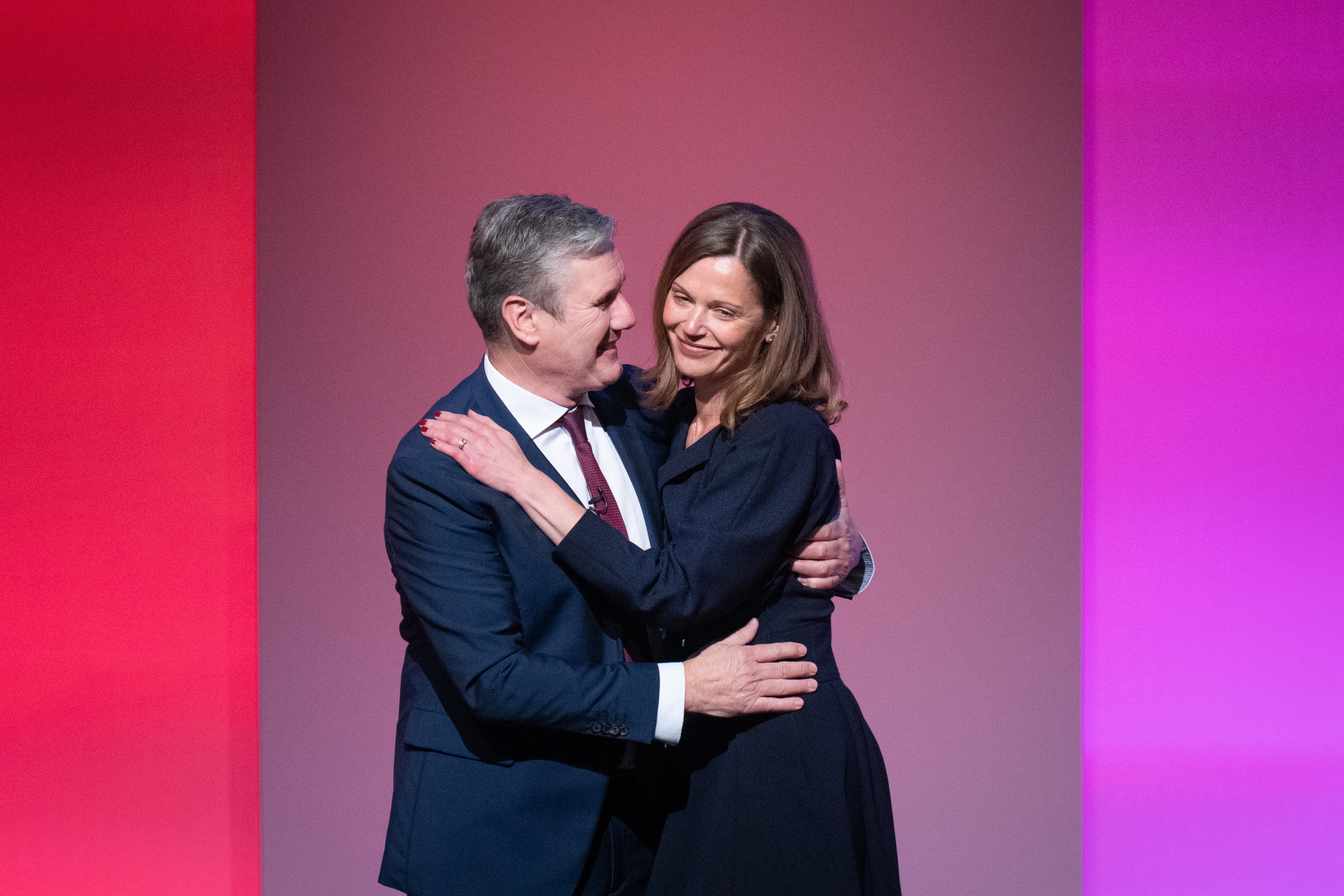Labour leader, Sir Keir Starmer is joined by his wife Victoria on stage after delivering his keynote speech to the Labour Party conference (Stefan Rousseau/PA)