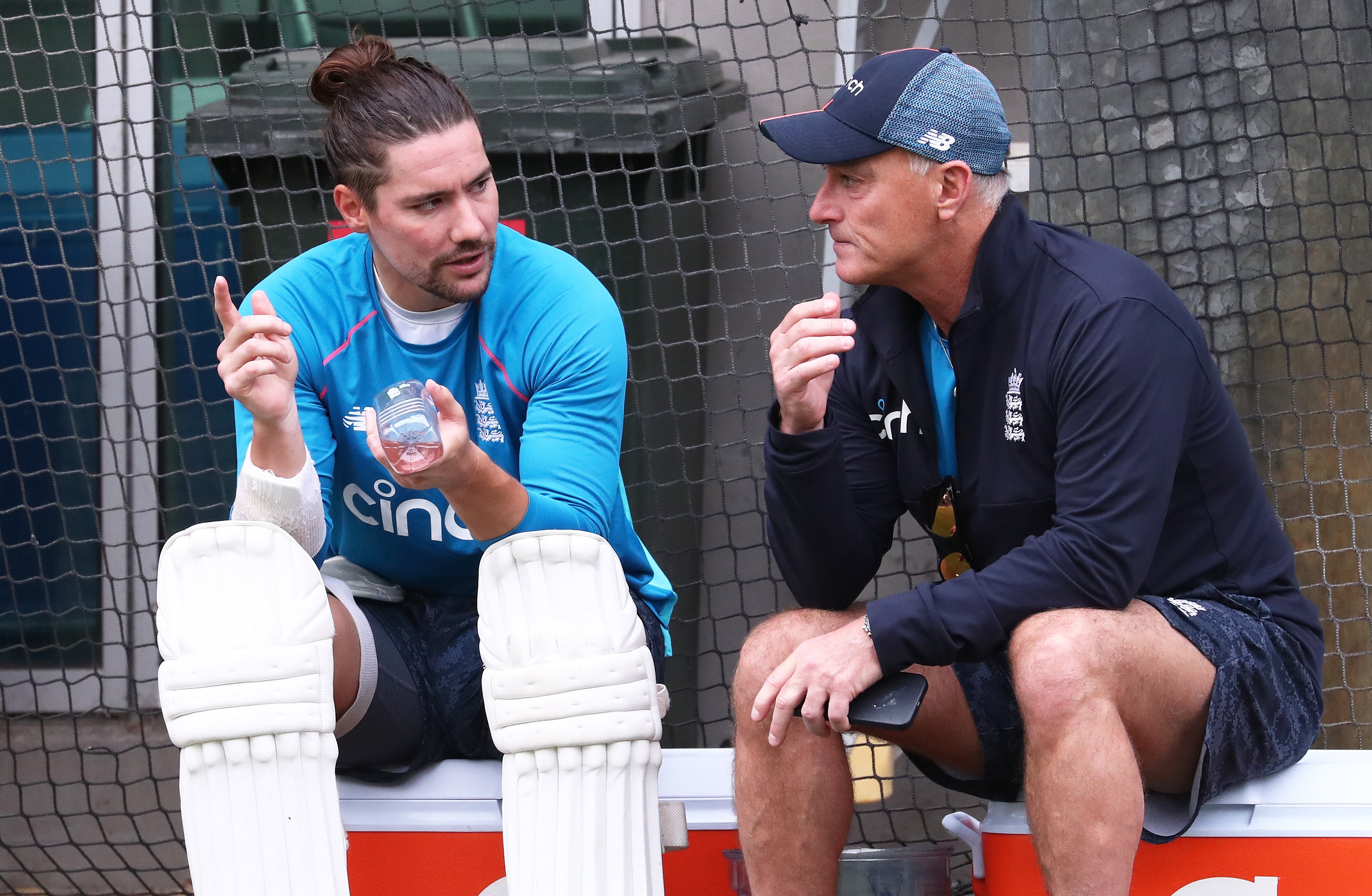 England’s Rory Burns chats with Graham Thorpe, right (Jason O’Brien/PA)