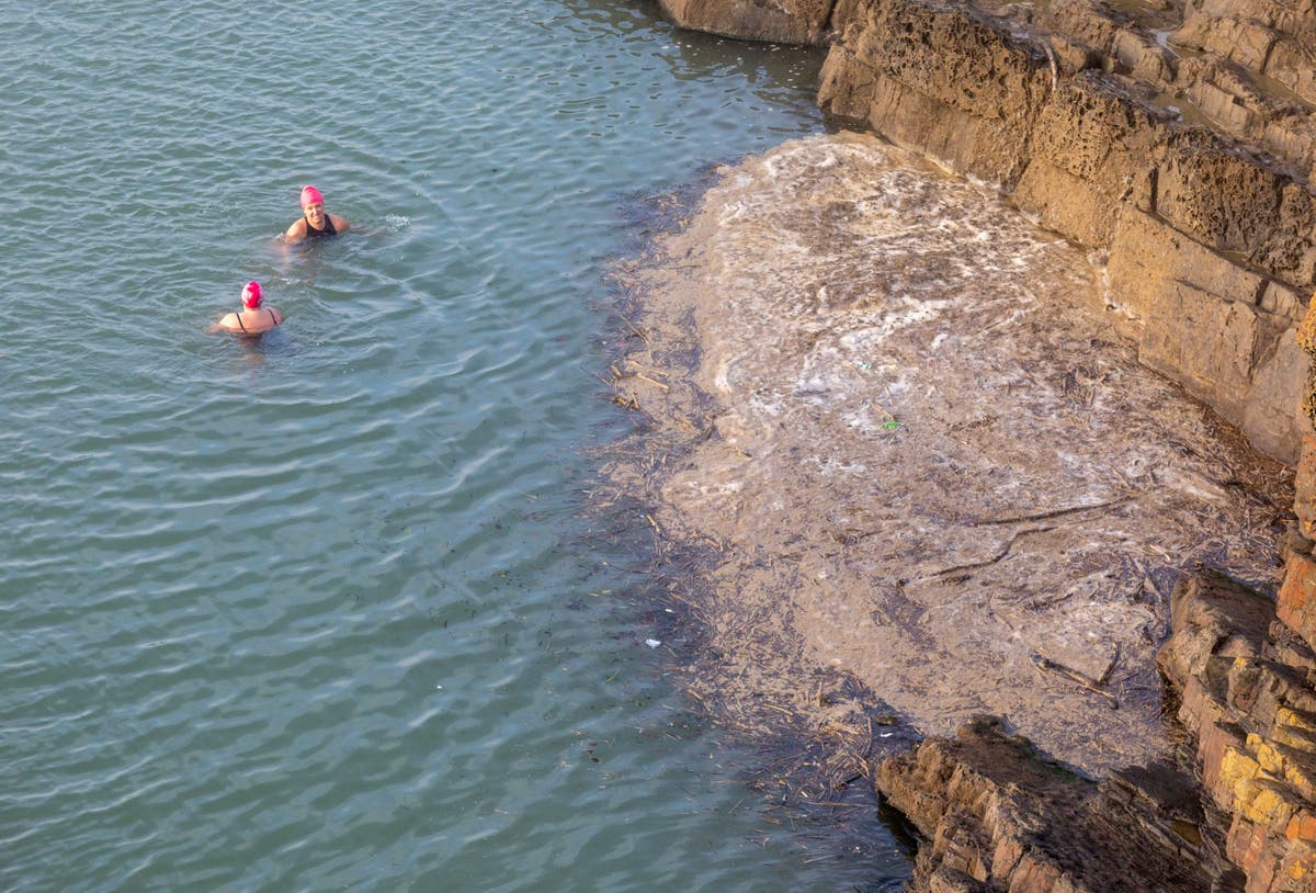 Swimmers’ seaside lido ruined by a huge discharge of raw sewage that has turned the water murky brown