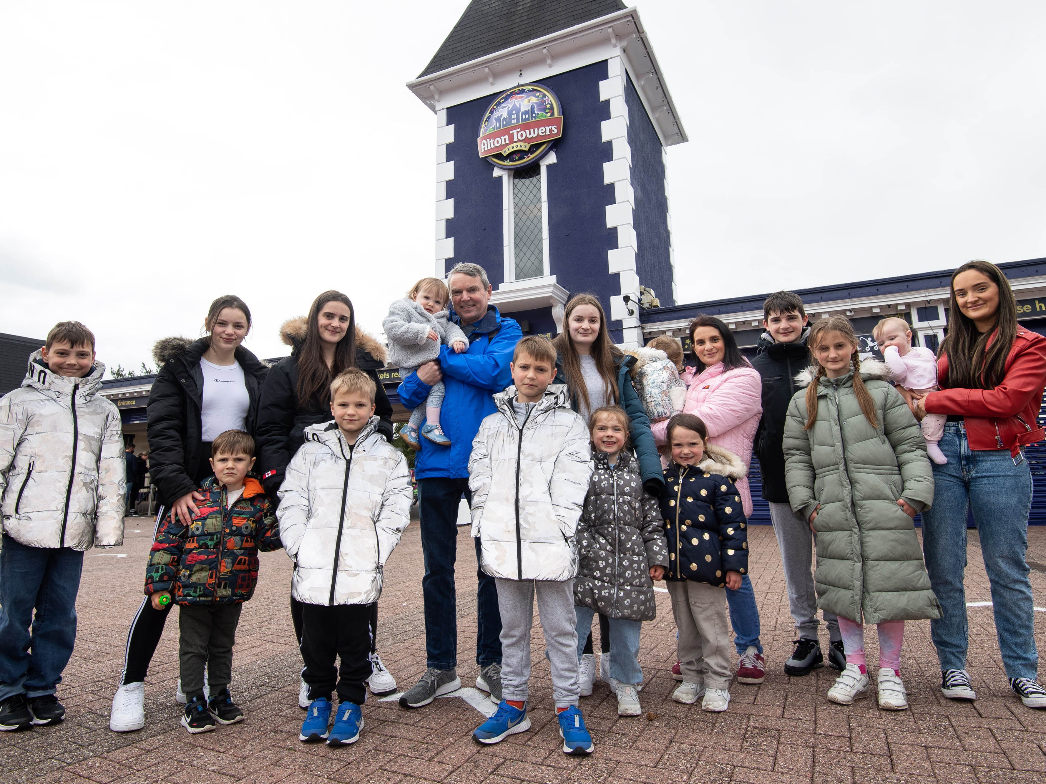 Parents of Britain's biggest family, Sue and Noel Radford, arrive at Alton Towers Resort with 15 of their children to test out the rides and hotel rooms, ahead of a post lockdown half term for the theme park