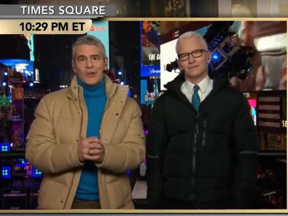 Andy Cohen and Anderson Cooper on New Year’s Eve at Times Square
