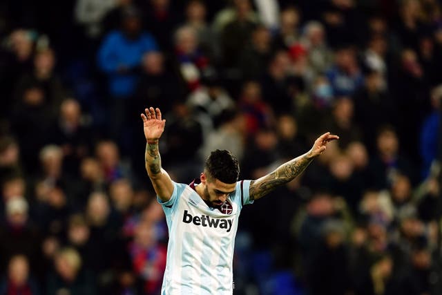 West Ham’s Manuel Lanzini celebrates scoring their second goal in the win at Crystal Palace (PA)