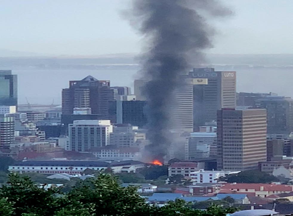 <p>A general view of the fire at the South African parliament precinct in Cape Town</p>