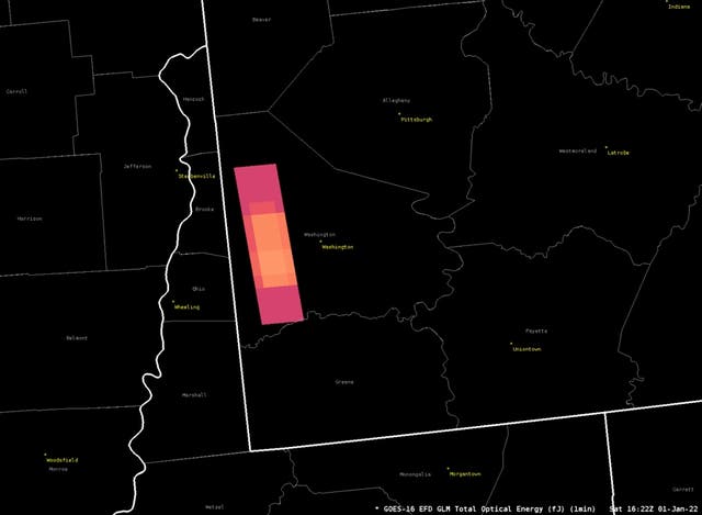 <p>A satellite shows a flash over the area which the National Weather Service Pittsburgh said may have been caused by a meteor explosion</p>