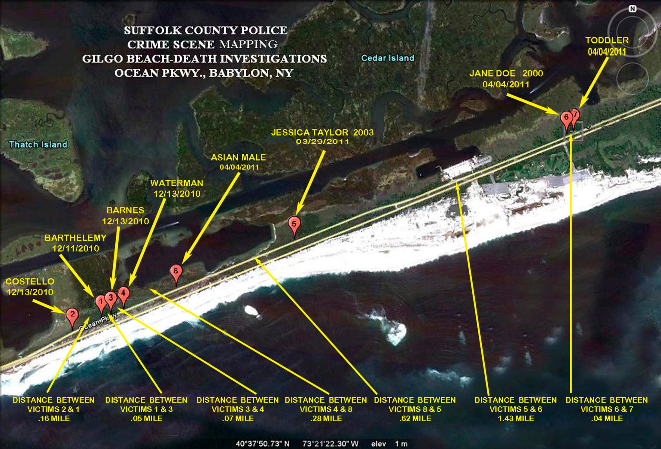 A map shows the location of 10 victims’ remains found along Gilgo Beach since 2010