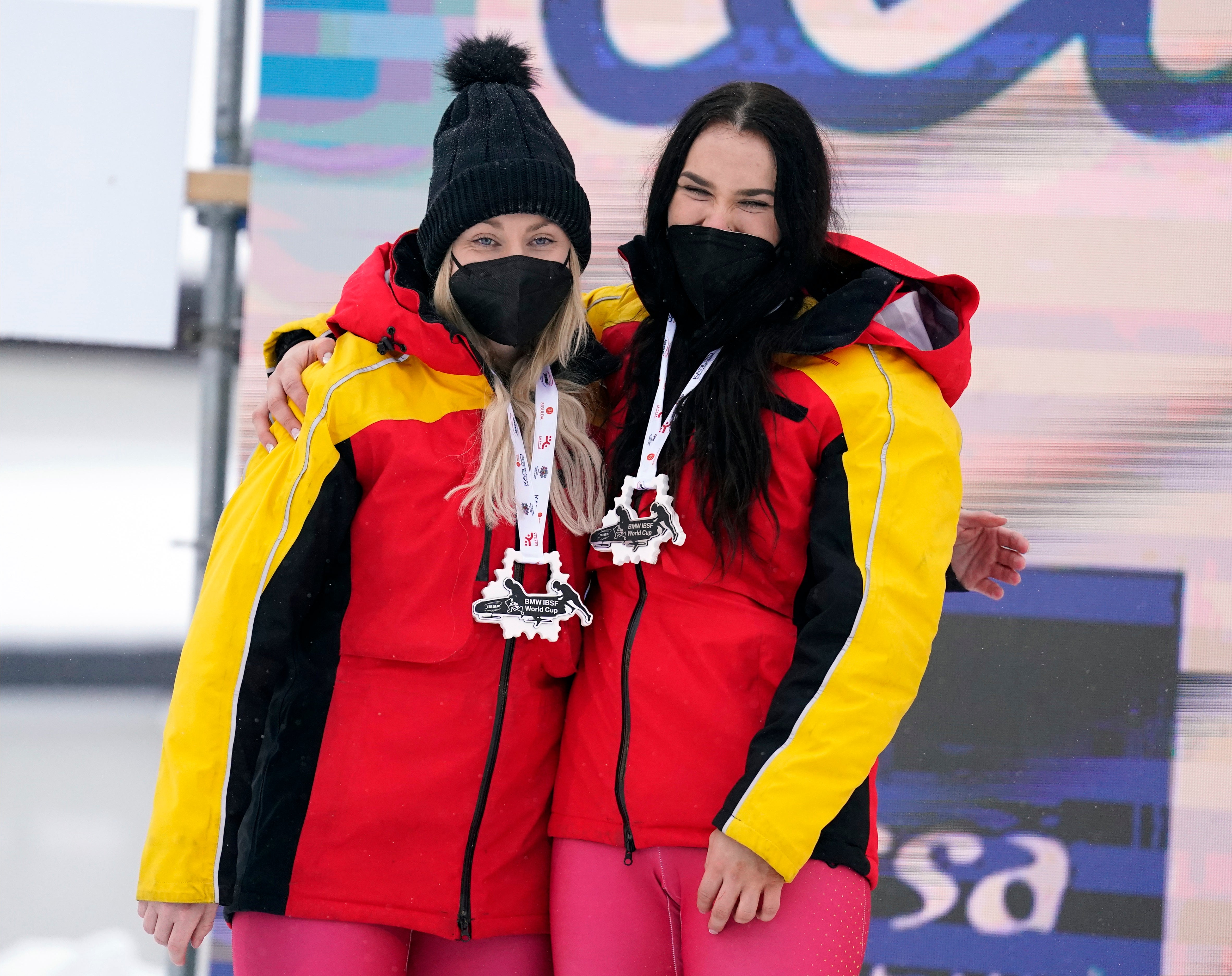 Mica McNeill (left) and Adele Nicoll on Sunday secured Great Britain’s first women’s bobsleigh World Cup medal since 2009 with one of three silvers claimed by the team across the weekend in Sigulda, Latvia (Roman Koksarov/AP).