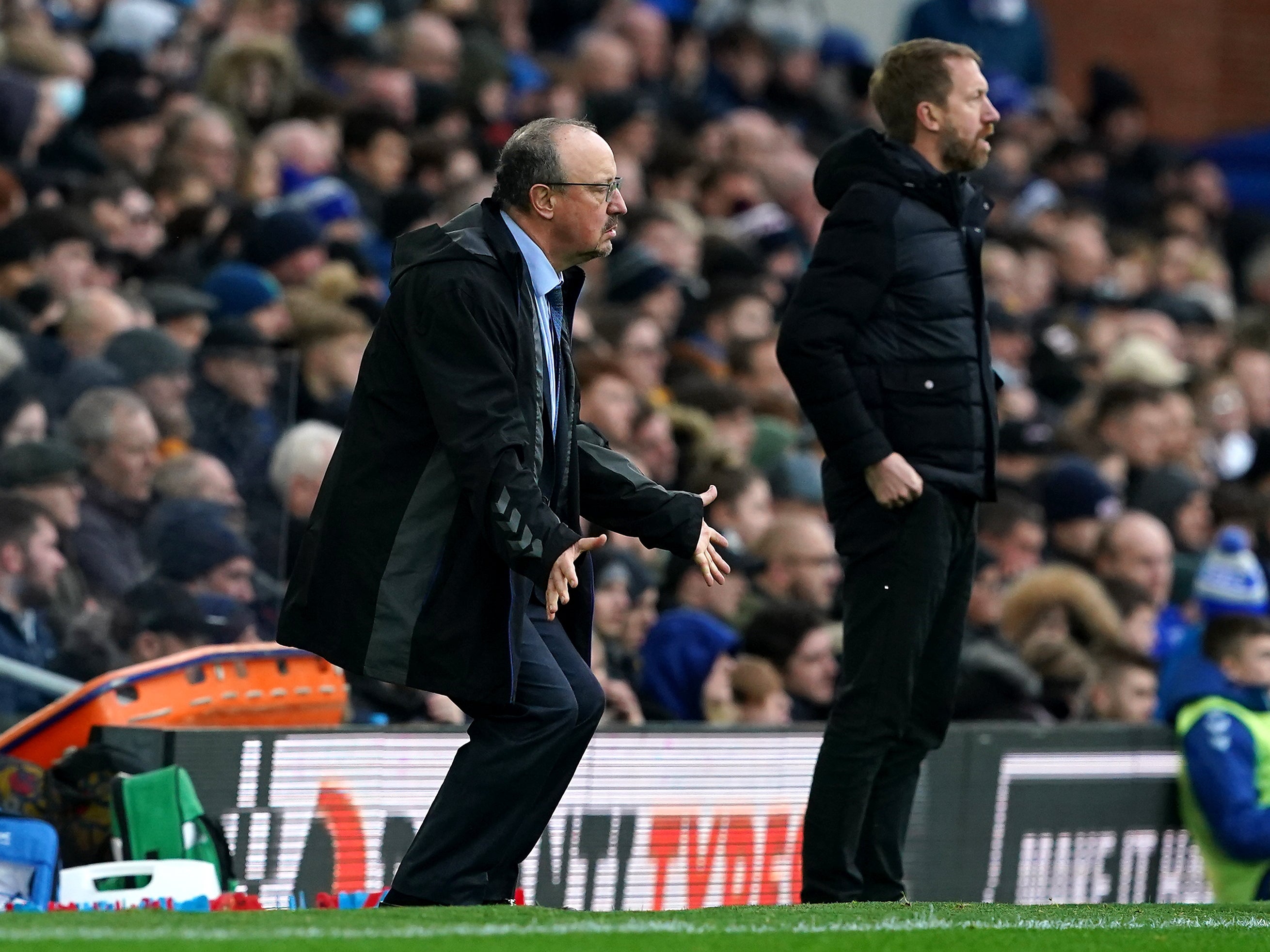 Earlier in the day Rafael Benitez (left) saw his Everton side beaten 3-2 at home by Graham Potter’s Brighton (Peter Byrne/PA).