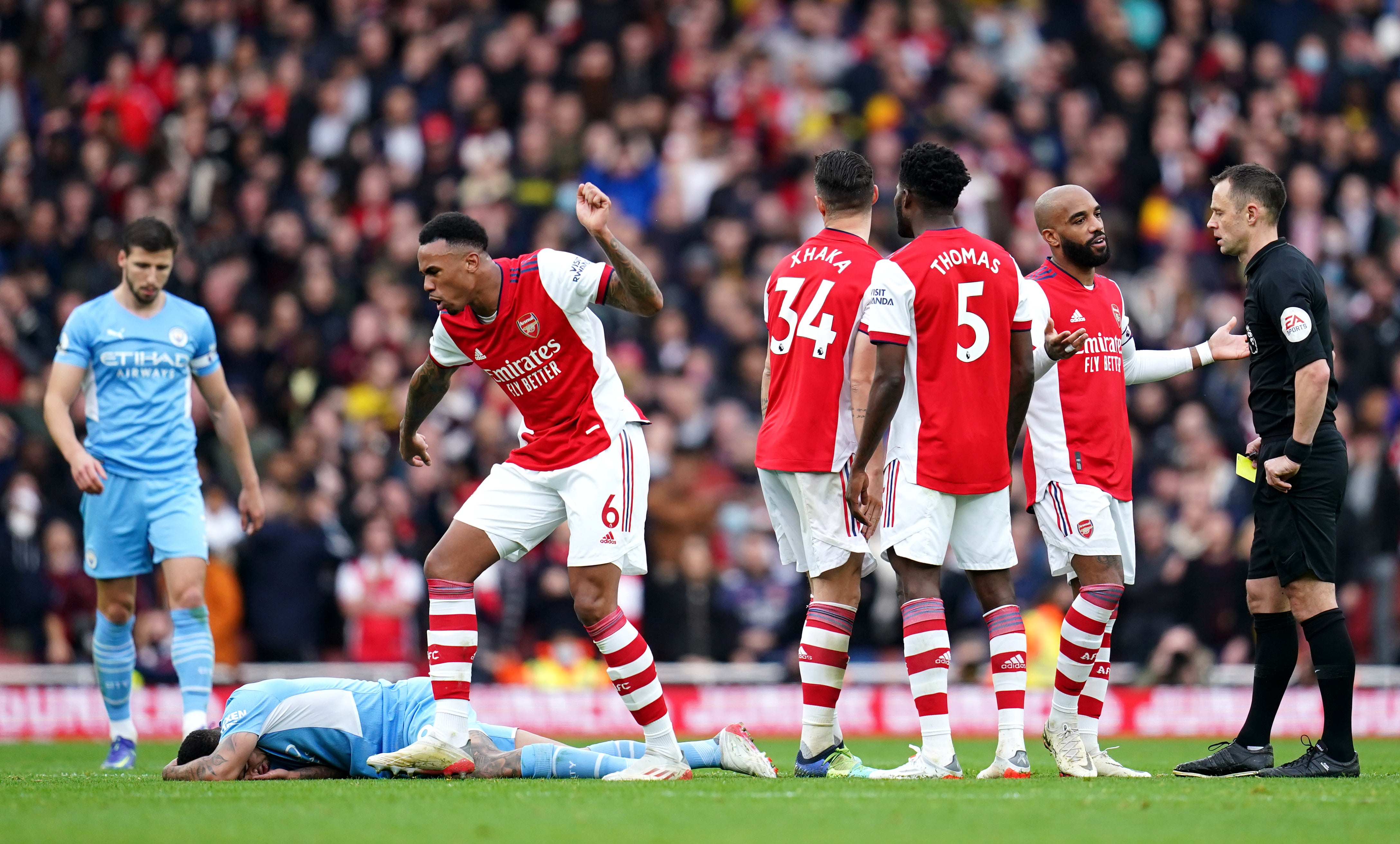 On Saturday, Arsenal led against Manchester City before giving away a penalty, scored by Riyad Mahrez – then had Gabriel Magalhaes (number six) sent off shortly after (John Walton/PA).