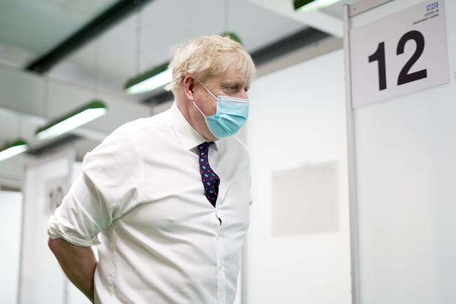 Prime Minister Boris Johnson during a visit to a vaccination hub in the Guttman Centre at Stoke Mandeville Stadium in Aylesbury, Buckinghamshire (Steve Parsons/PA)