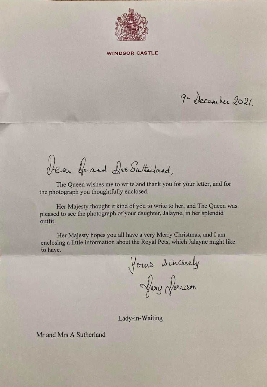 The Queen sends letter to Katelyn Sutherland