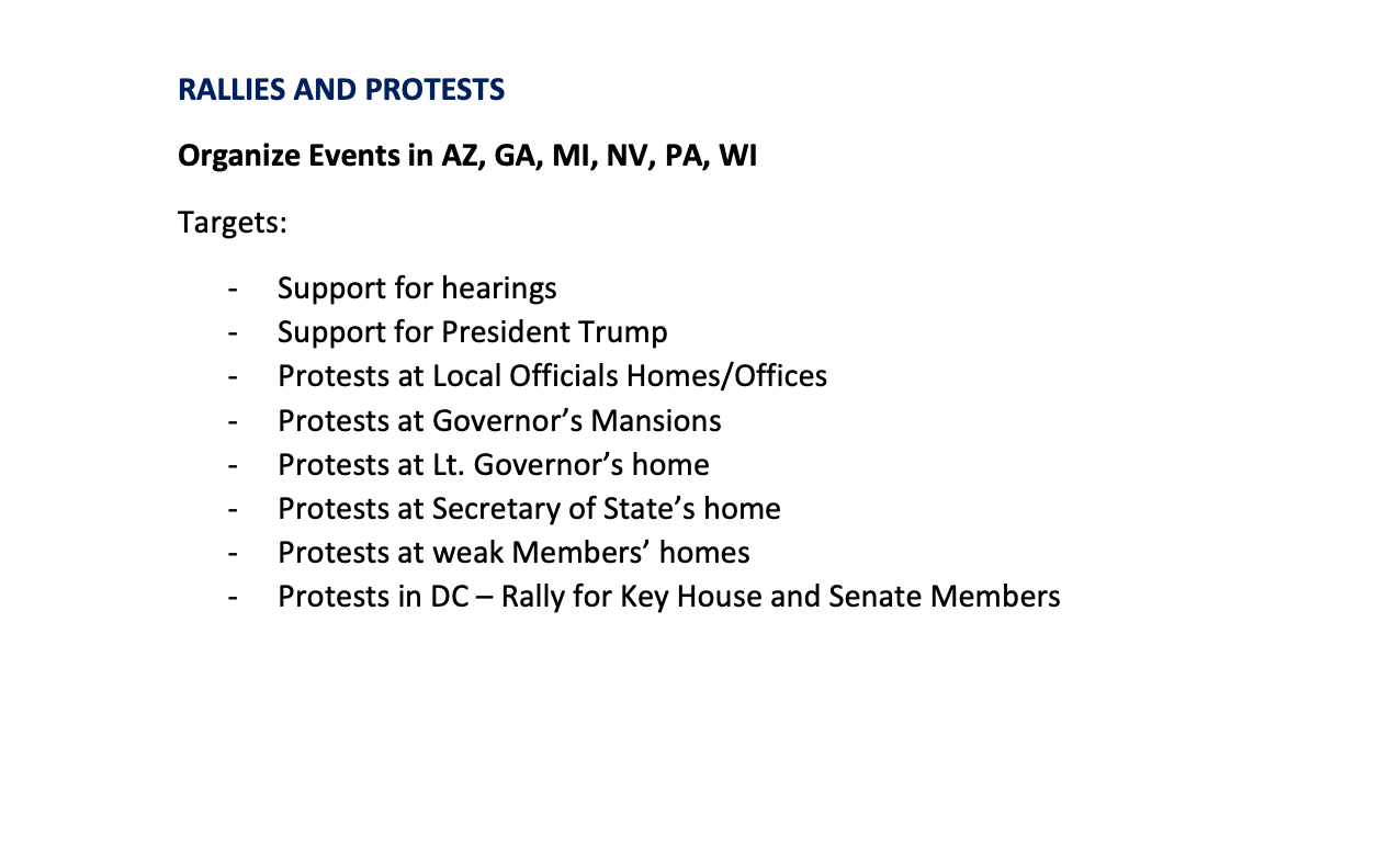 One part of a 22-page “strategic communications plan” provided to the January 6th select committee singles out the homes of election officials for protests