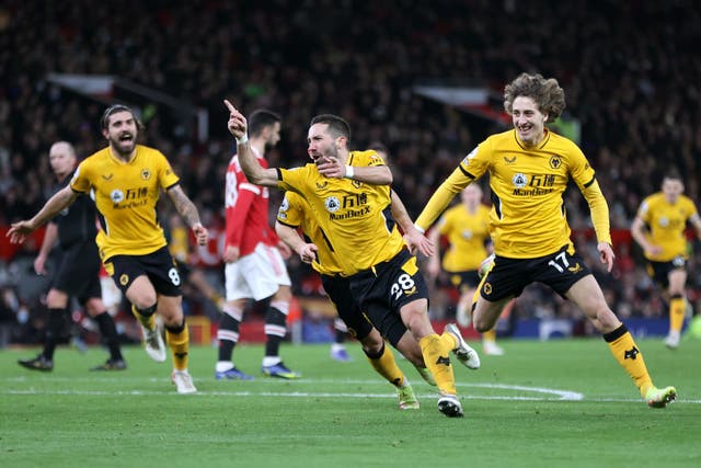 <p>Joao Moutinho of Wolverhampton Wanderers celebrates after scoring the 82nd-minute winner at Old Trafford </p>