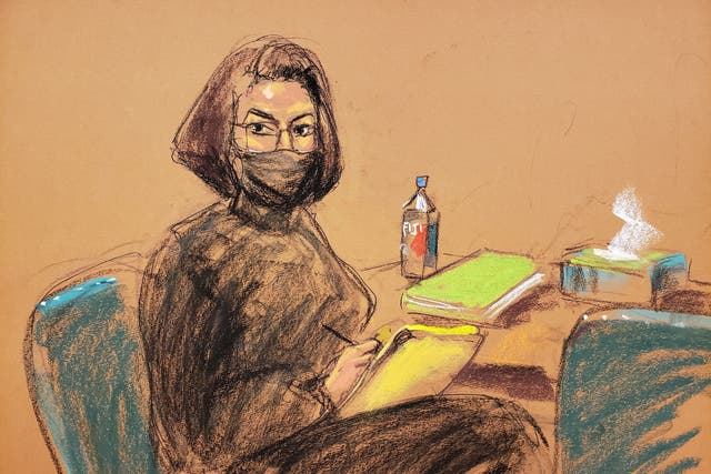 <p>Ghislaine Maxwell turns to sketch court sketch artist Jane Rosenberg during the trial. </p>