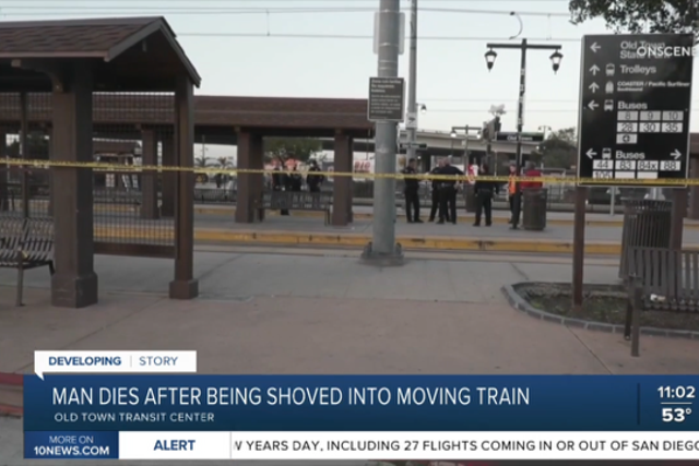 <p>Suspect remains at large after pushing 68-year-old onto tracks into path of oncoming train, killing him</p>